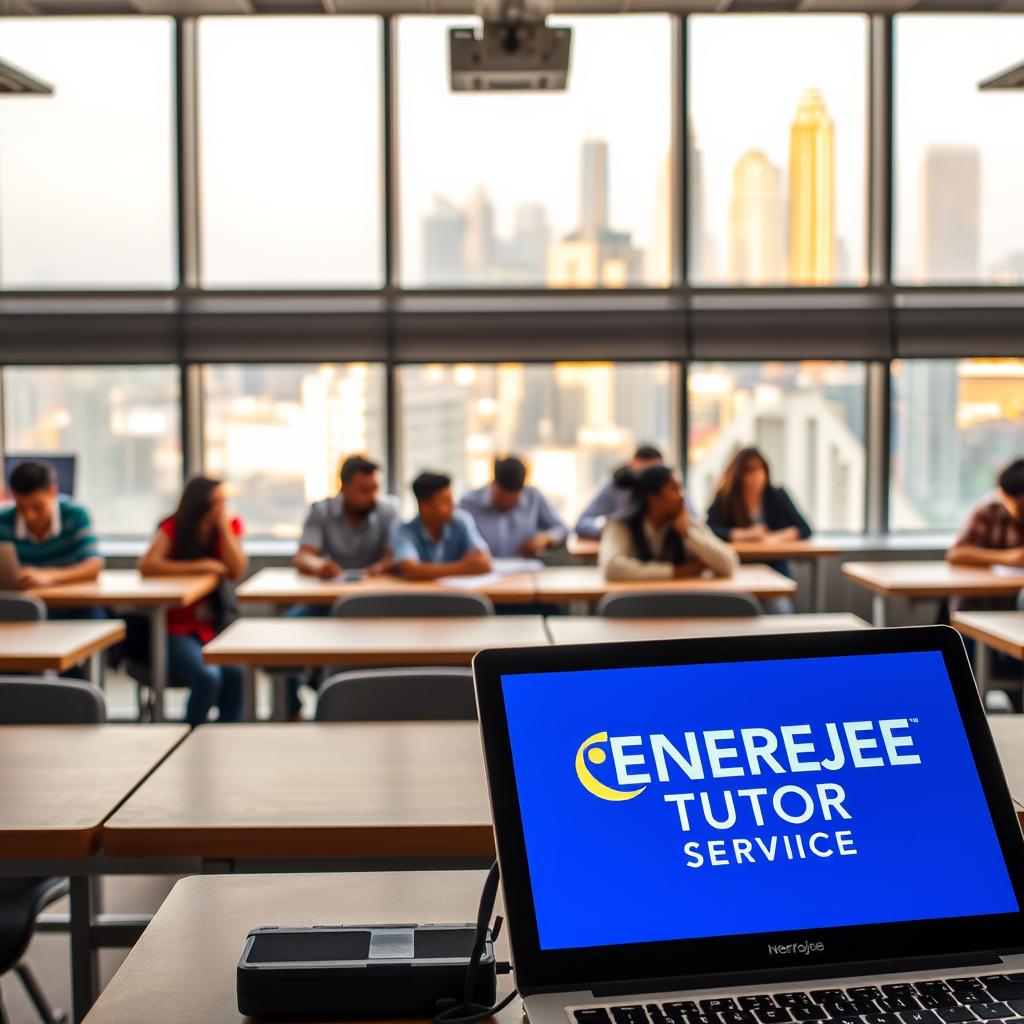 A classroom interior with desks, chairs, and modern technology. In the foreground, a laptop and tablet display the "Enerjee Tutor Service" logo, representing online options. The middle ground features diverse students engaged in group discussions, their faces expressing focused attention. The background showcases a large window overlooking a bustling Malaysian cityscape, bathed in warm, natural lighting. The overall atmosphere conveys a sense of productivity, collaboration, and the transformative power of education.