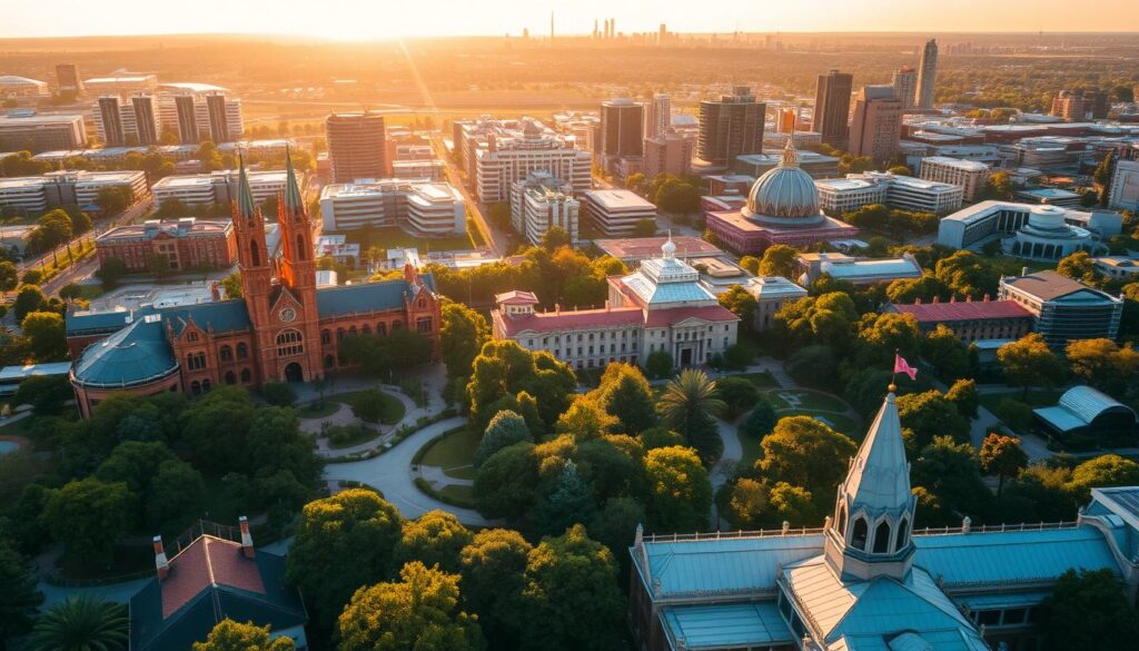 A grand, majestic aerial view of the top universities in Australia, bathed in warm, golden afternoon light. In the foreground, the iconic sandstone buildings and spires of Swinburne University stand tall, surrounded by lush, verdant gardens. In the middle ground, the sprawling, modern campus of Monash University unfolds, its contemporary architecture and bustling student life evident. In the background, the silhouettes of other prestigious Australian institutions like the University of Melbourne, the University of Sydney, and the University of New South Wales can be seen, their reputations as centers of academic excellence shining through. The scene conveys a sense of tradition, innovation, and the pursuit of knowledge that defines Australia's top-tier universities.