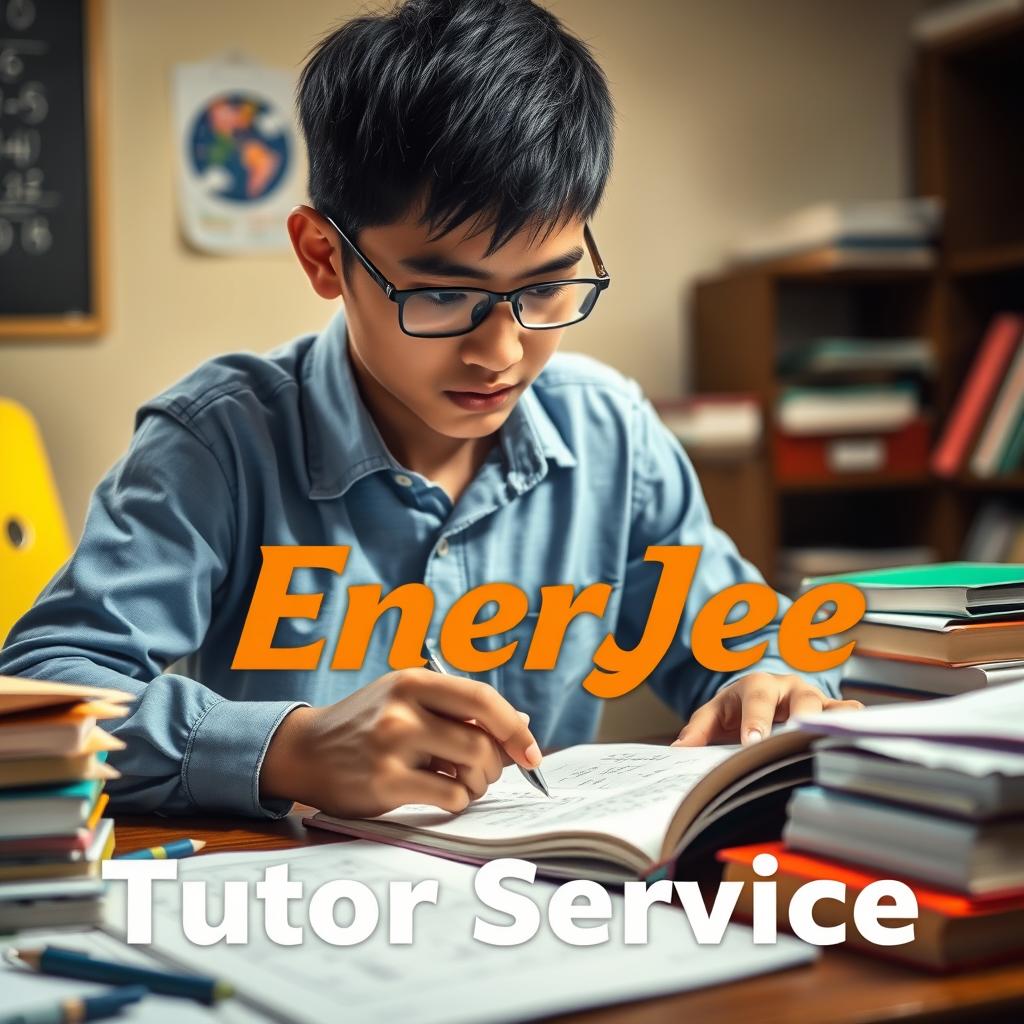 A high-quality image of a Malaysian student diligently working on math problems, surrounded by textbooks, stationery, and a stylized & Enerjee Tutor Service logo. The scene is bathed in warm, focused lighting, creating a studious and focused atmosphere. The student's expression conveys a mix of determination and concentration, reflecting the importance of quality math tuition for academic success in Malaysia.