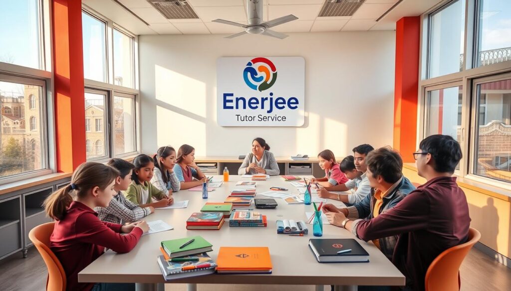 A modern, well-equipped classroom with large windows letting in warm, natural light. At the center, the "Enerjee Tutor Service" logo prominently displayed on the wall. Students of various ages sit attentively around a large table, engaged in animated discussions with their tutor, a friendly, knowledgeable individual. Colorful educational materials, textbooks, and stationery are neatly arranged, creating an atmosphere of productivity and learning. The room exudes a sense of professionalism, dedication, and a commitment to helping students excel in their studies.