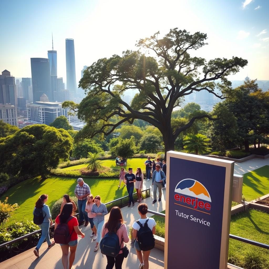 A scenic university campus overlooking a bustling city skyline, with the Enerjee Tutor Service logo prominently displayed on a signage board. Vibrant students strolling through lush, verdant gardens, engaged in animated discussions. Sunlight filters through towering oak trees, casting a warm, inviting glow. In the background, modern high-rises and iconic landmarks reflect the international diversity of the overseas education experience. The scene exudes a sense of intellectual curiosity, global connectivity, and the promise of transformative learning opportunities.