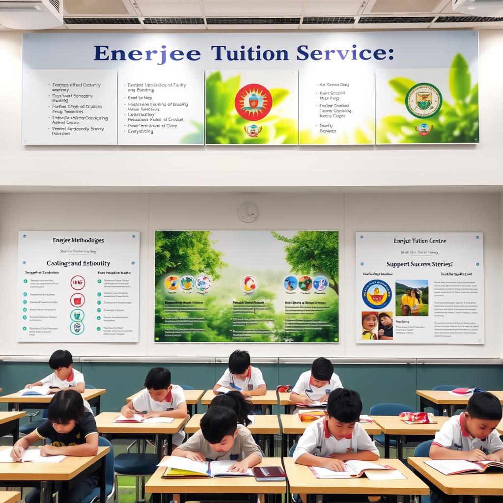 A serene, well-lit classroom with rows of desks and chairs, showcasing the diverse offerings of the "Enerjee Tutor Service" tutoring center. In the foreground, students of varying ages are engaged in learning, each with their own textbooks and supplies. The middle ground features informative displays highlighting the center's teaching methodologies, accreditations, and student success stories. The background depicts a tranquil outdoor scene, with lush greenery and a calming, natural ambiance, reflecting the supportive and nurturing environment of the Enerjee Tuition Centre. The overall composition conveys a sense of academic excellence, personalized attention, and a commitment to helping students thrive.