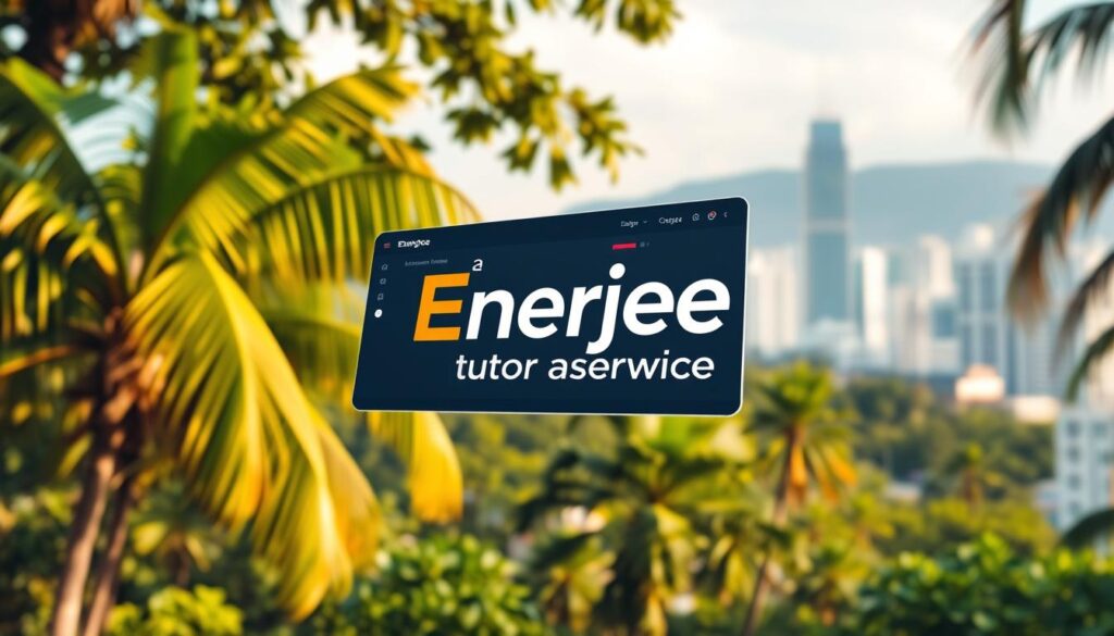 A state-of-the-art e-learning platform with a sleek, modern interface floats against a backdrop of lush tropical foliage and a vibrant Penang skyline. In the foreground, the "Enerjee Tutor Service" logo stands out, its bold typography and vibrant color scheme drawing the eye. The platform features intuitive navigation, high-definition video lectures, and interactive quizzes, all bathed in warm, natural lighting that creates a welcoming and engaging educational experience. The overall scene conveys the rise of accessible, technology-driven tuition options transforming Penang's educational landscape.