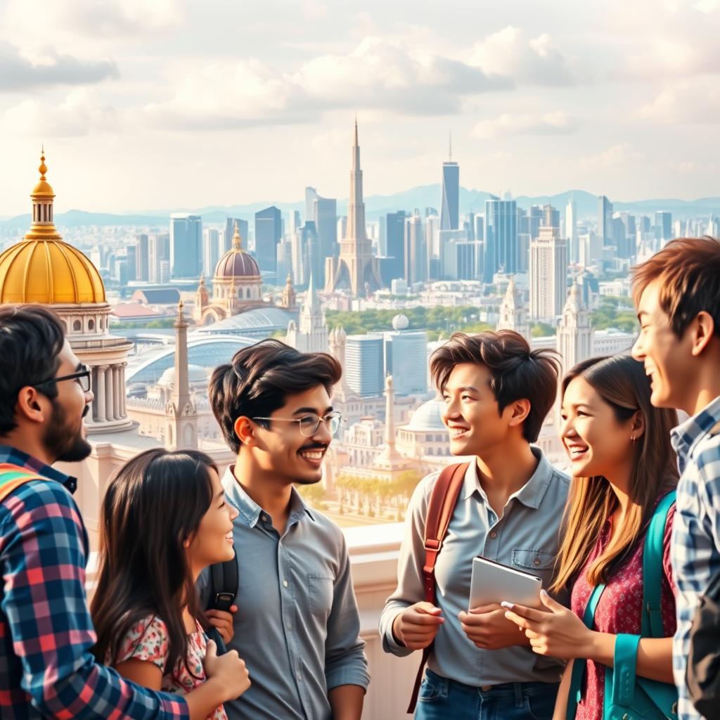 A vibrant, globally-inspired composition showcasing the diverse experiences of international education. In the foreground, a group of students from various cultural backgrounds engage in lively discussion, their expressions animated and collaborative. The middle ground features iconic architectural elements representing renowned educational institutions across the world - grand domes, spires, and columned facades. In the background, a panoramic vista of cosmopolitan skylines, with skyscrapers and landmarks from multiple countries, symbolizing the interconnectedness of global academic networks. Warm, diffused lighting casts a dreamlike, aspirational glow over the scene. Enerjee Tutor Service - your gateway to study abroad adventures.