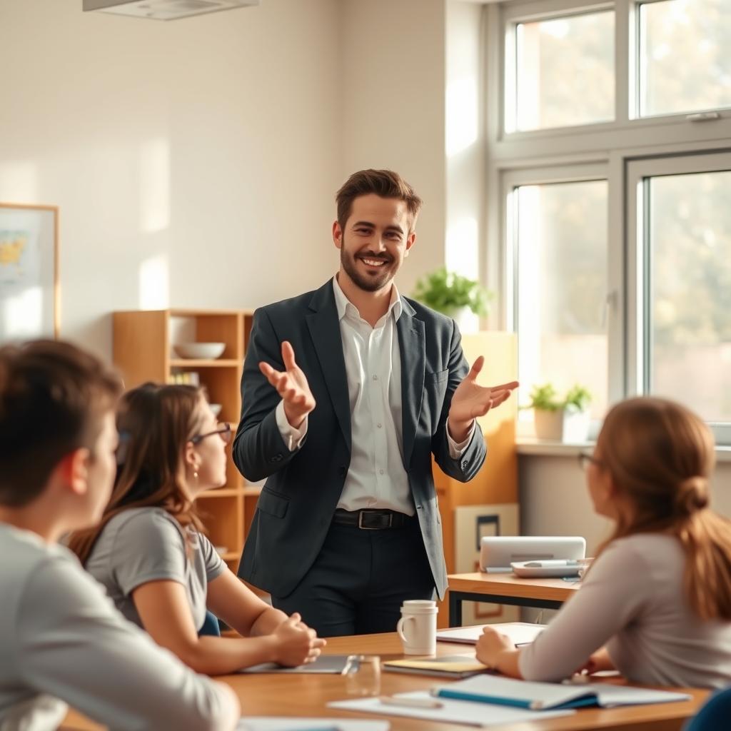 A warm, welcoming classroom setting with a friendly, experienced English tutor standing at the front, dressed in professional attire and exuding an air of expertise. The tutor is engaging with students, gesturing animatedly and maintaining eye contact, creating an atmosphere of collaborative learning. Soft, natural lighting filters in through large windows, casting a soothing glow over the scene. The classroom is equipped with educational resources, from whiteboards to learning materials, reflecting a nurturing and supportive environment for English language mastery. An overall sense of professionalism, approachability, and a genuine dedication to student success permeates the image.