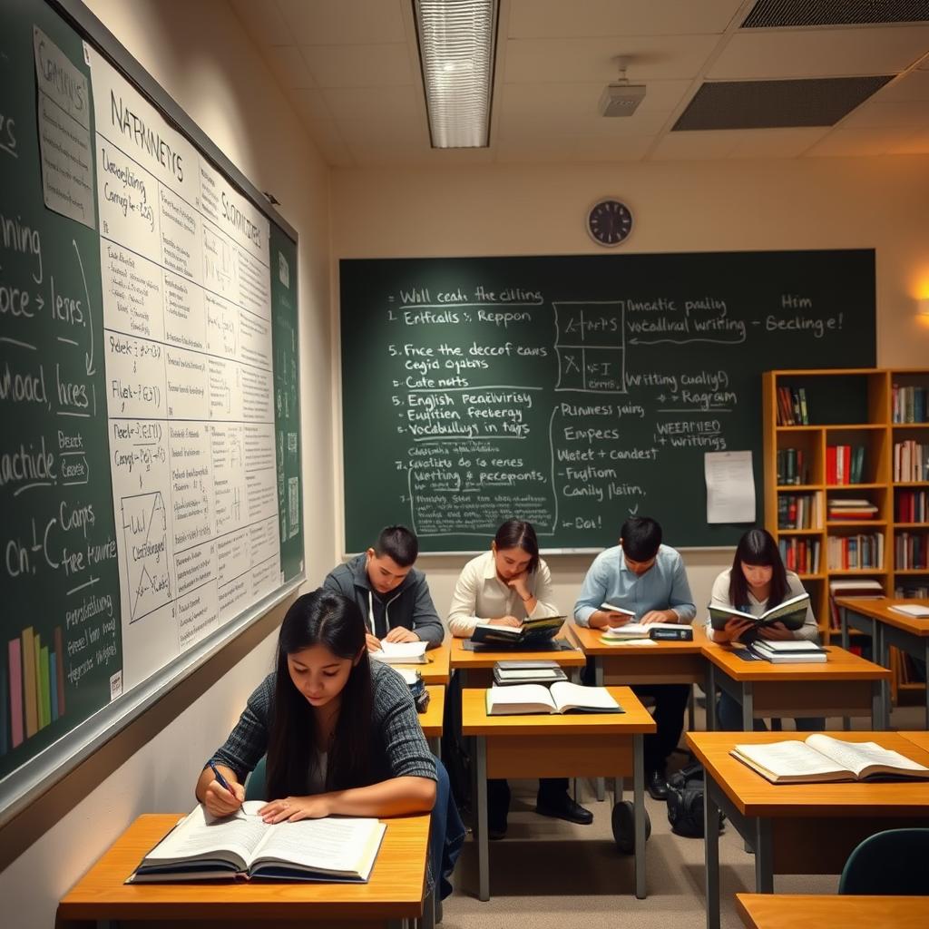 A well-lit classroom setting, with a large chalkboard or whiteboard dominating the foreground. On the board, detailed diagrams, formulas, and study materials related to English grammar, vocabulary, and writing skills. In the middle ground, a group of students intently studying from textbooks and notebooks, their expressions focused and determined. The background features neatly arranged desks, shelves of reference books, and subtle warm lighting, creating a studious and productive atmosphere. The overall scene conveys a sense of academic rigor and preparation for an important English proficiency exam.