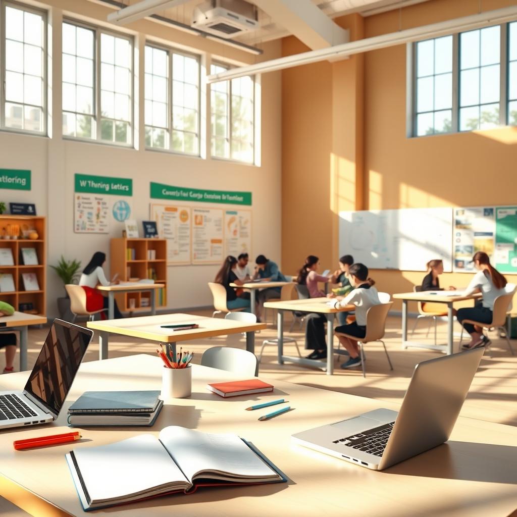 A bright, airy learning space with various tutoring options displayed. In the foreground, a large desk with a laptop, textbooks, and stationery, symbolizing one-on-one tutoring. In the middle ground, smaller desks with students and tutors collaborating, representing group sessions. The background features a wall of whiteboards and educational posters, conveying the comprehensive nature of the "Enerjee Tutor Service" offerings. Warm, natural lighting filters through large windows, creating a welcoming and productive atmosphere. The overall composition suggests a hub of learning, growth, and academic support.