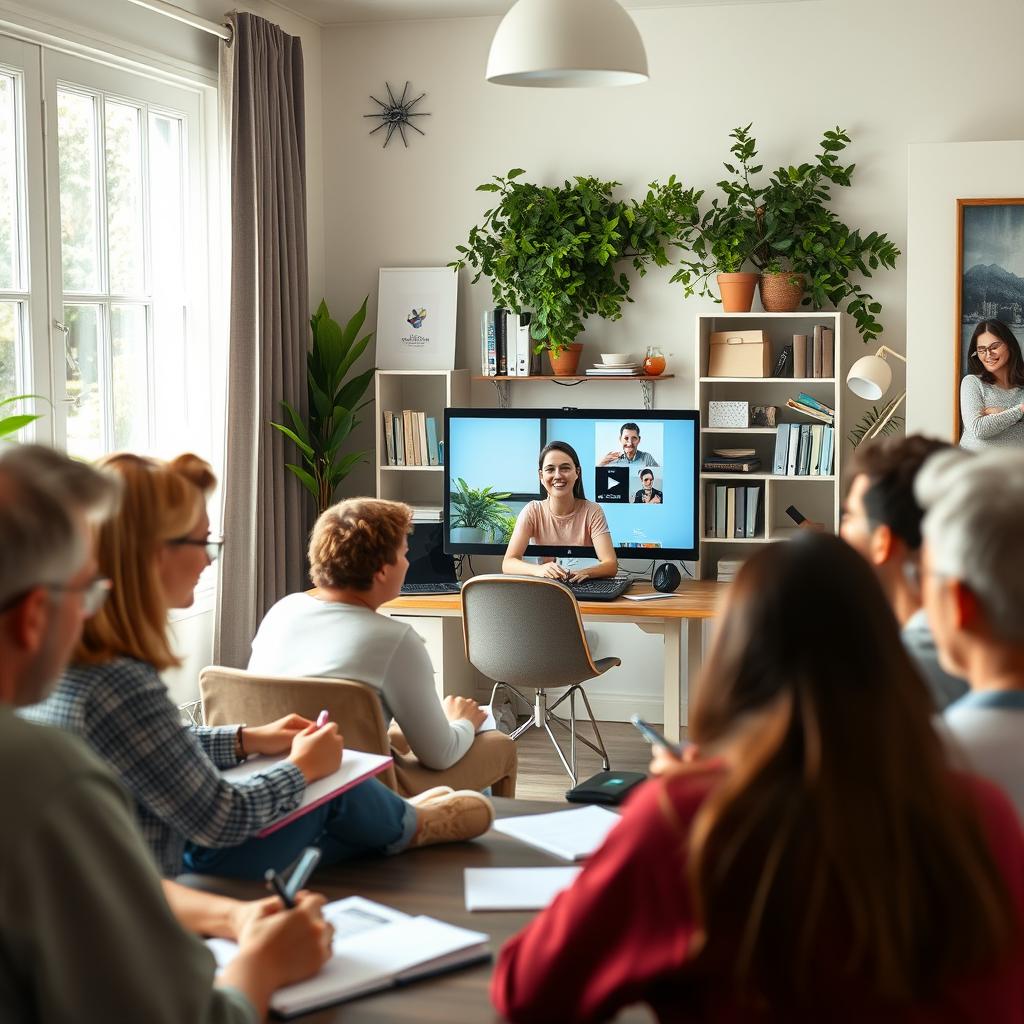 A bright and welcoming online classroom scene with adult students engaged in a virtual English lesson. The foreground features a group of diverse students, some taking notes, others actively participating in a video call with their Enerjee Tutor Service instructor, whose friendly face is displayed on a laptop screen. The middle ground shows the instructor's workspace, complete with teaching materials and a cozy, well-lit home office backdrop. The background depicts a soothing, nature-inspired setting, such as a garden or park, hinting at the relaxed and comfortable atmosphere of the virtual classroom. The lighting is soft and natural, creating a sense of warmth and productivity. The overall mood is one of focused learning, personalized attention, and a positive learning experience.