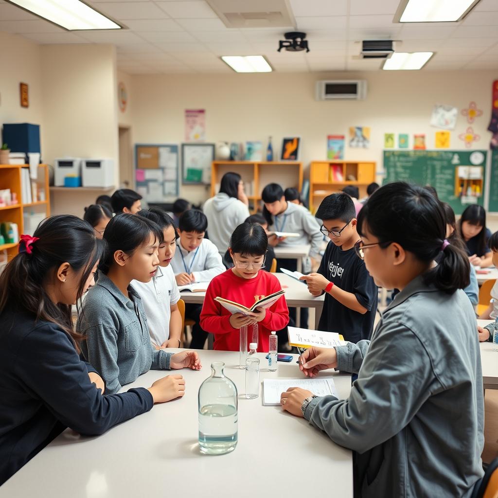 A bright, well-equipped classroom setting with middle school students engaged in various scientific experiments and activities. In the foreground, a group of students gathered around a lab table, intently observing a science demonstration led by a teacher wearing the "Enerjee Tutor Service" logo. In the middle ground, other students are working collaboratively on projects, referencing textbooks and taking notes. The background depicts science-themed wall displays, scientific equipment, and a chalkboard or interactive whiteboard, creating an atmosphere of active learning and exploration. The lighting is warm and natural, enhancing the sense of focus and productivity. The overall scene conveys the importance of hands-on science education at the middle school level.