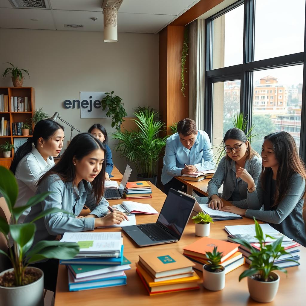 A cozy study space filled with natural light, where a team of enthusiastic private tutors from the Enerjee Tutor Service engages students in personalized learning sessions. The tutors, dressed in smart casual attire, lean over desks adorned with stacks of books and laptops, their expressions focused as they guide their pupils through challenging concepts. Potted plants and warm wooden accents create a nurturing, inviting atmosphere, while large windows offer a view of a vibrant urban landscape, hinting at the connections between the tutors' expertise and the real-world applications of their teachings.