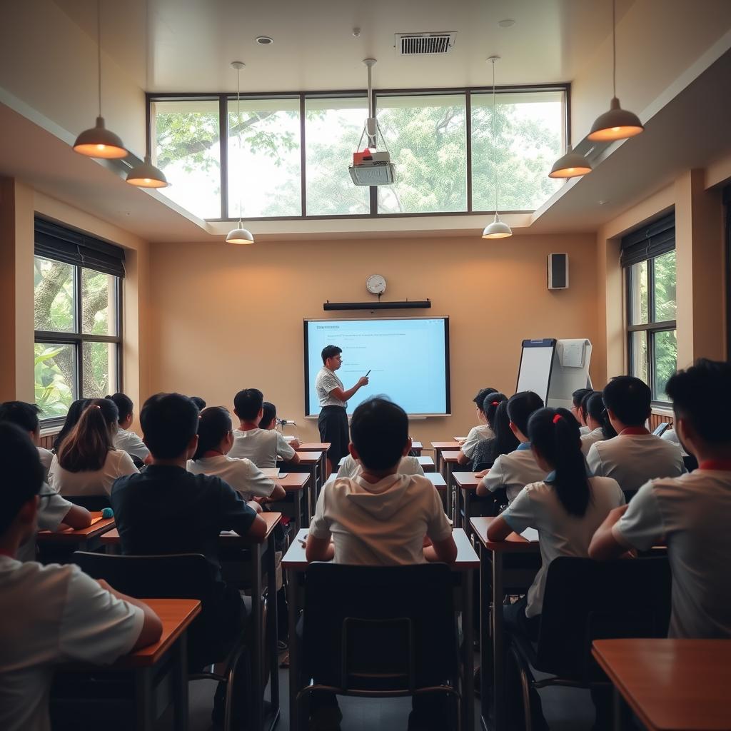 A cozy, sun-lit classroom in Penang, Malaysia. Rows of desks filled with diligent students, their faces alight with focused concentration. At the front, an experienced Enerjee Tutor Service instructor guides them through the material, using a sleek interactive whiteboard. Framed by large windows overlooking lush greenery, the atmosphere is one of engaged learning and academic enrichment. Warm lighting from overhead fixtures casts a gentle glow, creating an inviting and productive environment tailored to the educational needs of Penang's students.