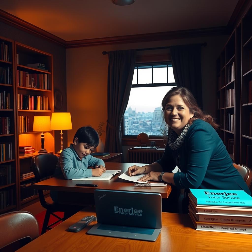 A dimly lit, cozy study room with warm lighting, wooden bookshelves, and a large desk where a young student is intently studying, surrounded by Enerjee Tutor Service learning materials. In the foreground, a teacher in a friendly pose is providing one-on-one guidance, their expression conveying care and dedication. The background features a window overlooking a peaceful, urban landscape, adding a sense of tranquility. The overall atmosphere reflects the supportive and enriching environment of Enerjee Tutor Service, where students can thrive academically.