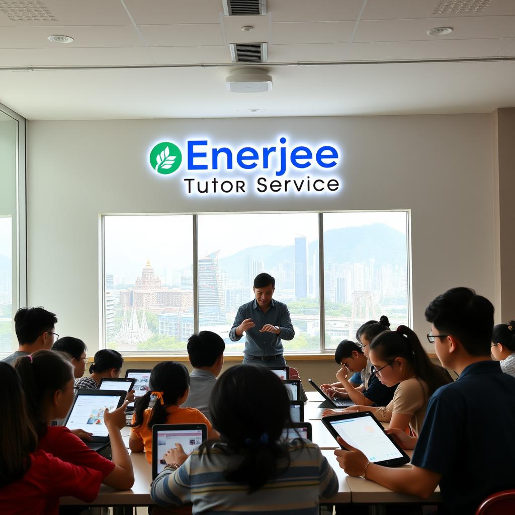 A modern, airy classroom with large windows overlooking the vibrant cityscape of Penang. In the foreground, a group of students engaged in interactive learning, their faces lit by the warm glow of tablet screens. The Enerjee Tutor Service logo is prominently displayed on the wall, reflecting the brand's commitment to innovative online tutoring. In the middle ground, a tutor gestures animatedly, guiding the students through a collaborative exercise. The background features a skyline of iconic Penang landmarks, including the Kek Lok Si Temple and the Penang Bridge. The scene conveys a sense of technological integration, intellectual stimulation, and the unique cultural setting of Penang.