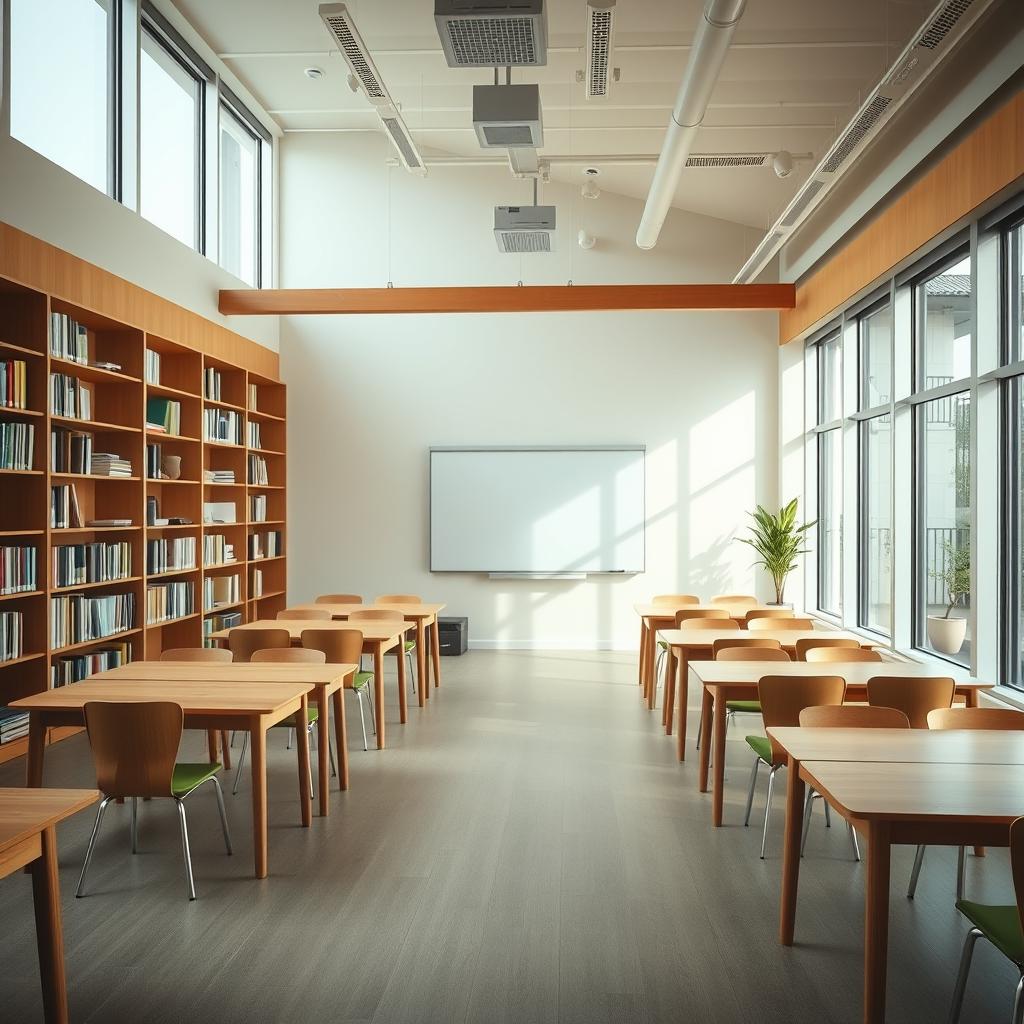 A modern, vibrant tutoring center called "Enerjee Tutor Service" occupies a spacious, well-lit interior. Sleek desks and chairs in a warm palette of wood tones and muted greens create a focused, productive atmosphere. Expansive windows flood the room with natural light, casting a soft, diffused glow. Shelves brimming with learning materials line the walls, while a central whiteboard stands ready for interactive lessons. The space exudes a sense of calm and intellectual curiosity, inviting students to immerse themselves in the Enerjee approach to supplementary education.