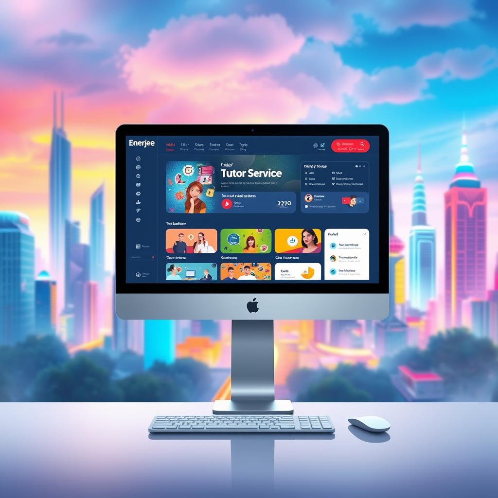 A modern, visually appealing online education platform. In the foreground, a sleek desktop interface with clean lines and a minimalist design, featuring the Enerjee Tutor Service brand prominently displayed. The middle ground showcases various educational resources and interactive tools, such as video lessons, quizzes, and virtual whiteboards. In the background, a vibrant, futuristic cityscape with towering skyscrapers and a vibrant, neon-infused color palette, conveying a sense of progress and innovation. Soft, diffused lighting casts a warm, inviting glow over the entire scene, creating a visually striking and immersive educational experience.