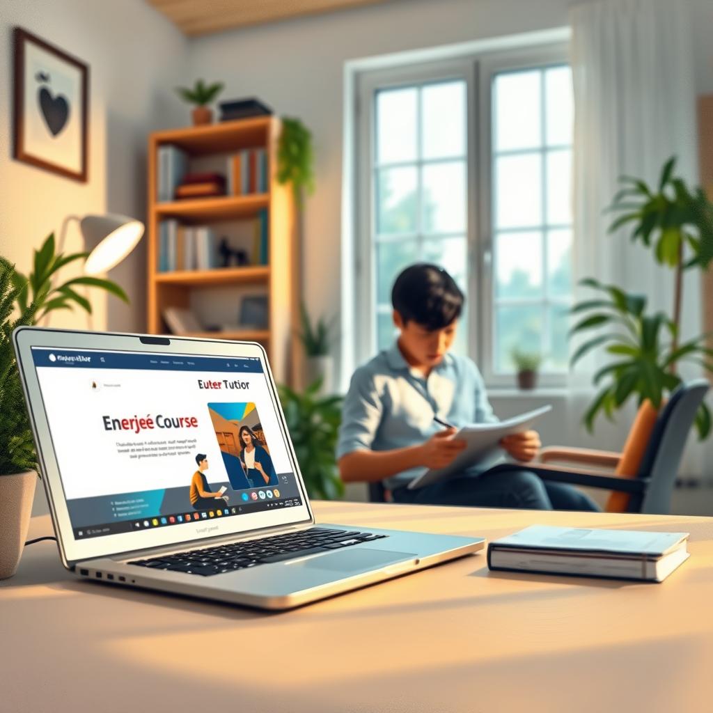 A serene online learning environment with a cozy, well-lit home office setup. In the foreground, a laptop displays course materials from the &quot;Enerjee Tutor Service&quot; brand, while a focused student takes notes. In the middle ground, a bookshelf and plants create a warm, inviting atmosphere. The background features a large window, allowing natural light to flow in and creating a sense of openness and connection to the outside world. The overall mood conveys the benefits of flexible, comfortable online tuition - increased productivity, personalized attention, and the ability to learn at one's own pace.