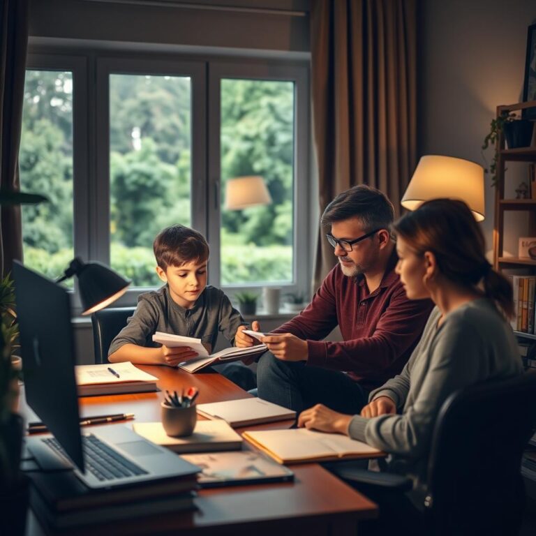 A serene online tutoring session in a cozy home office. In the foreground, a young student diligently takes notes while conversing with their Enerjee Tutor Service instructor, their faces illuminated by the soft, warm glow of a desk lamp. The middle ground features a well-organized workspace with books, stationery, and a laptop, conveying a sense of professionalism and focus. In the background, a large window overlooks a lush, verdant landscape, creating a calming, natural ambiance. The overall mood is one of productivity, guidance, and a nurturing learning environment.