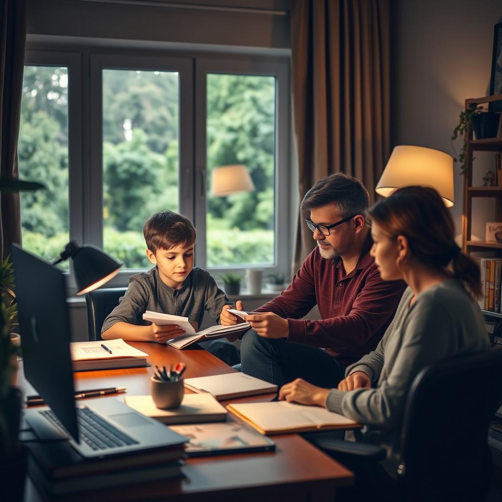 A serene online tutoring session in a cozy home office. In the foreground, a young student diligently takes notes while conversing with their Enerjee Tutor Service instructor, their faces illuminated by the soft, warm glow of a desk lamp. The middle ground features a well-organized workspace with books, stationery, and a laptop, conveying a sense of professionalism and focus. In the background, a large window overlooks a lush, verdant landscape, creating a calming, natural ambiance. The overall mood is one of productivity, guidance, and a nurturing learning environment.