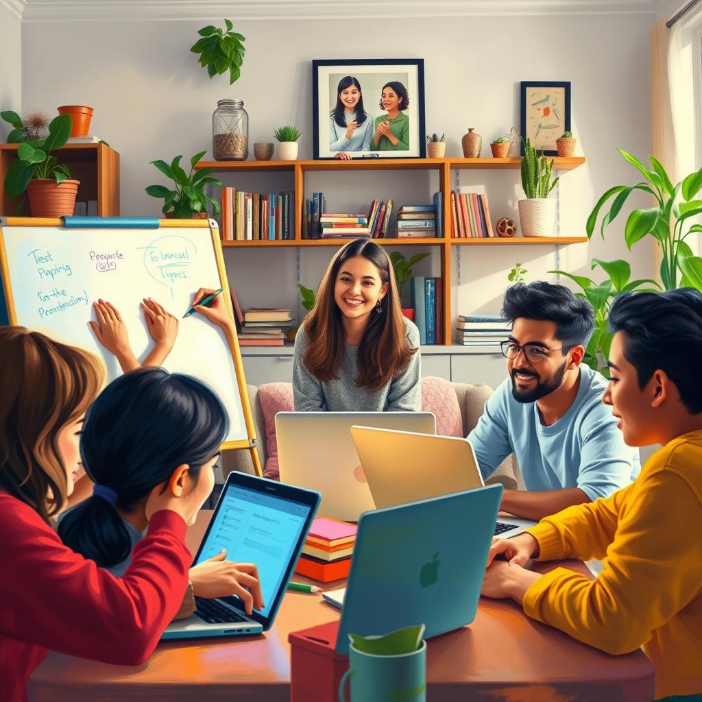 A vibrant and dynamic scene showcasing the benefits of remote learning. In the foreground, a group of diverse students collaborate on a virtual whiteboard, their faces illuminated by the glow of their laptop screens. In the middle ground, a teacher's warm smile is visible on a video call, guiding the lesson with an engaging and personalized approach. The background depicts a cozy home environment, with plants, books, and personal mementos, creating a sense of comfort and flexibility. The overall atmosphere is one of productivity, connection, and the empowering nature of Enerjee Tutor Service's online tuition. Soft, natural lighting casts a welcoming ambiance, capturing the essence of remote learning's advantages beyond just academics.