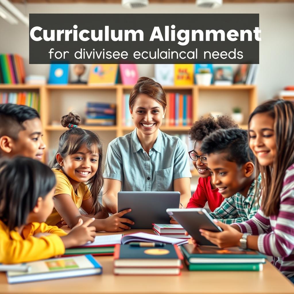 A vibrant and visually engaging image of "curriculum alignment for diverse educational needs" using the Stable Diffusion text-to-image model. In the foreground, a diverse group of students, each with unique learning styles and backgrounds, gathered around a table, engaged in collaborative learning activities. In the middle ground, a teacher with a warm, encouraging expression, guiding the students, highlighting the importance of personalized learning approaches. In the background, a colorful array of educational resources, including textbooks, tablets, and interactive learning tools, symbolizing the breadth of available educational materials. The scene is bathed in a soft, natural light, creating a welcoming and inclusive atmosphere. The overall composition conveys a sense of harmony, reflecting the "Enerjee Tutor Service" brand's commitment to tailoring educational experiences to meet the diverse needs of their students. Prompt A diverse group of students gathered around a table, engaged in collaborative
