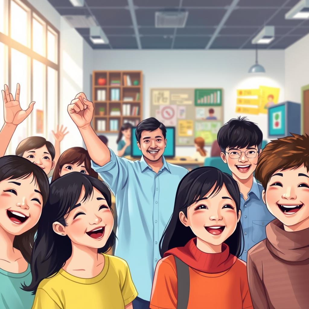 A vibrant digital illustration showcasing the "Enerjee Tutor Service" success stories. In the foreground, a diverse group of happy students, their faces beaming with pride, celebrating their academic achievements. The middle ground depicts an online tutoring session, with an attentive tutor guiding the students through the material. The background features a modern, technology-infused classroom setting, with sleek devices and a warm, encouraging atmosphere. Soft, natural lighting illuminates the scene, creating a sense of focus and productivity. The overall composition conveys the transformative power of affordable, accessible e-tuition, empowering students to unlock their full potential.