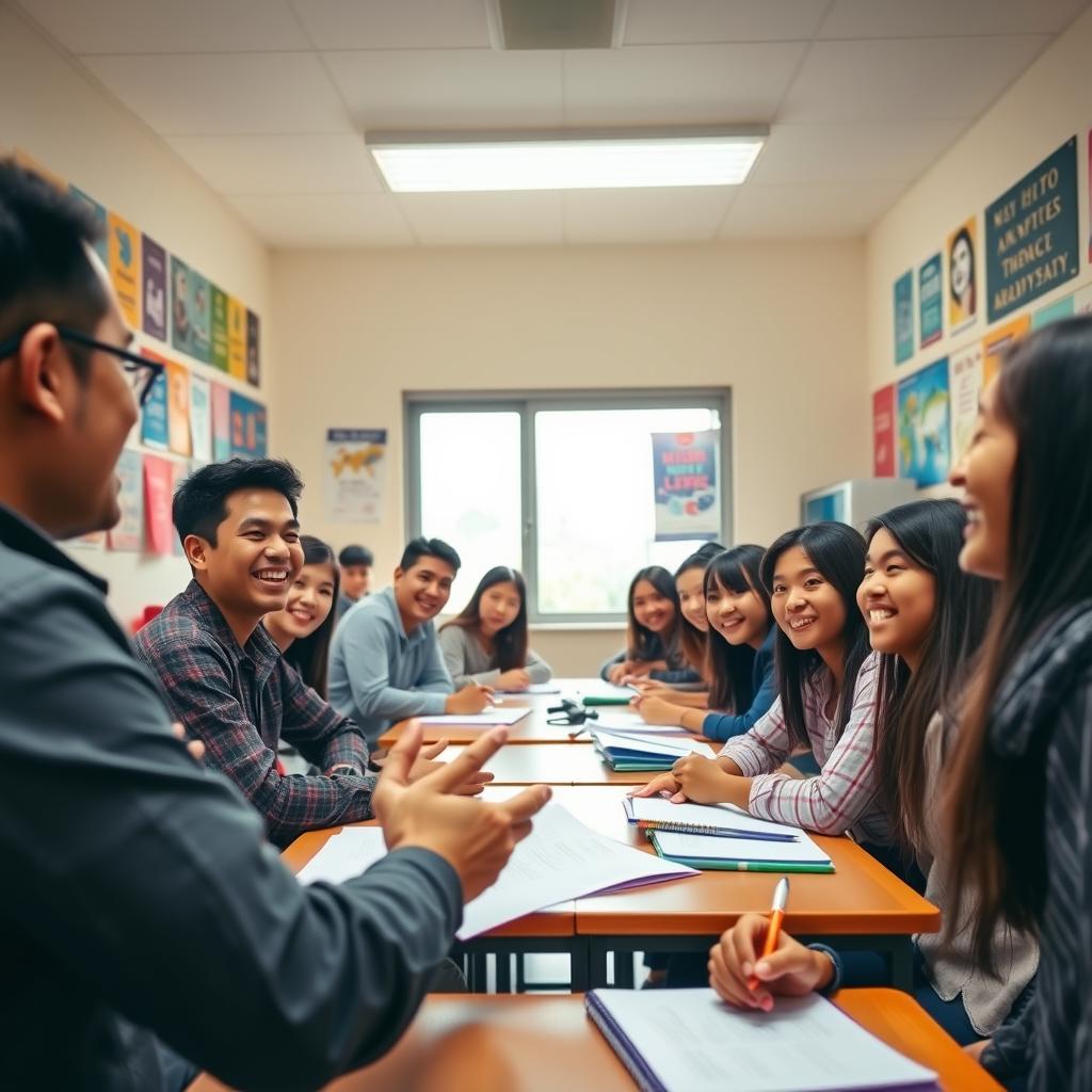 A well-lit classroom filled with engaged students, their faces aglow as they enthusiastically discuss English concepts with a charismatic Enerjee Tutor Service instructor. The walls are adorned with vibrant educational posters and inspirational quotes, creating a warm and inviting atmosphere conducive to learning. In the foreground, the teacher gestures animatedly, their expertise and passion radiating through the scene. The middle ground features students of diverse backgrounds actively participating, their notebooks open and pens poised. In the background, a large window allows natural light to flood the space, enhancing the sense of openness and productivity. An atmosphere of collaborative learning and academic excellence permeates the environment, reflecting the comprehensive teaching programs offered by Enerjee Tutor Service.