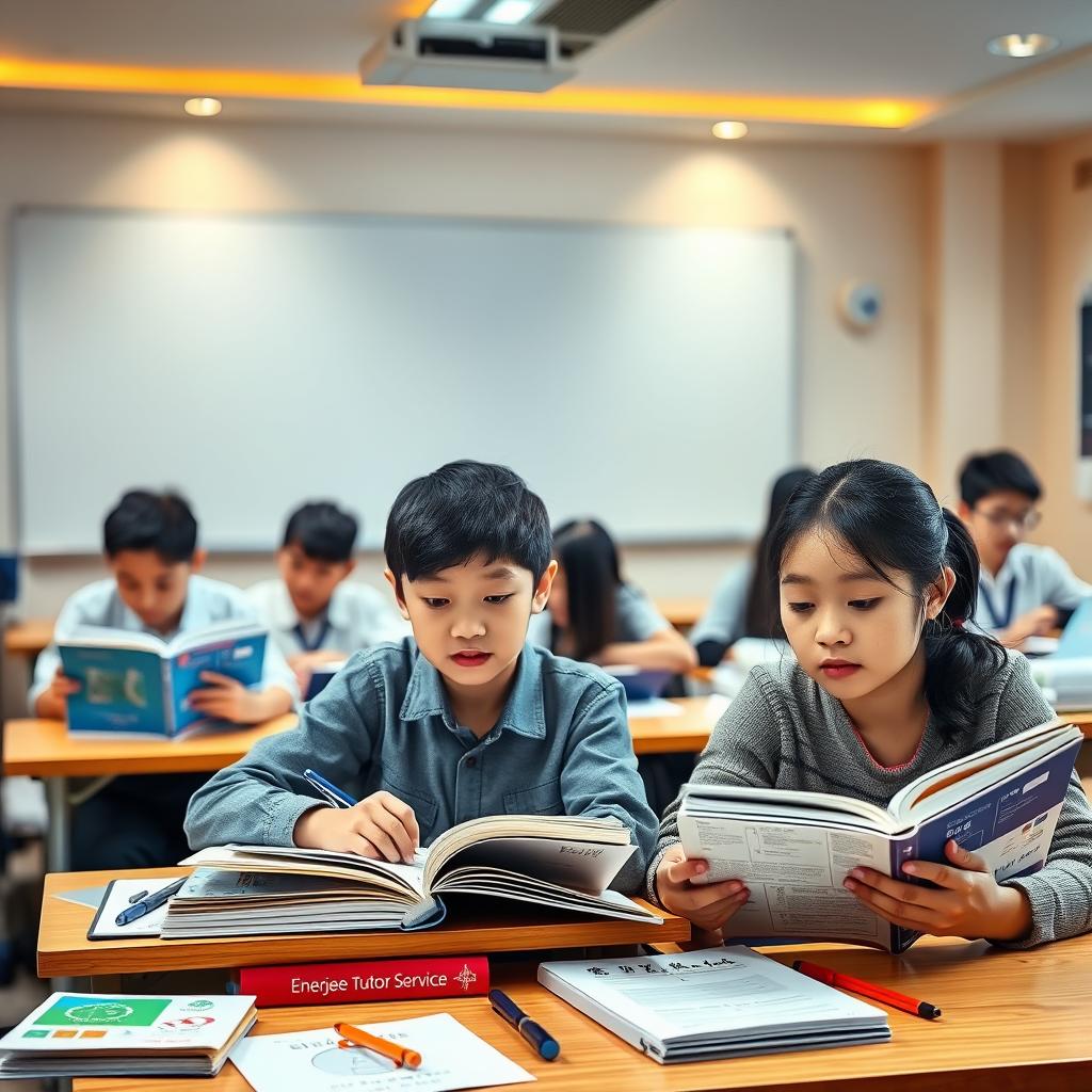 A well-lit classroom setting, with a large whiteboard or chalkboard in the background. In the foreground, a group of diligently studying middle school students, immersed in their science textbooks and worksheets. On the desks, Enerjee Tutor Service branded stationery and materials. The lighting is warm and inviting, creating a focused and productive atmosphere. The students' expressions convey a sense of engagement and determination as they work through the challenging scientific concepts. The overall scene suggests a comprehensive and professional science tutoring service, catering to the needs of middle school students.