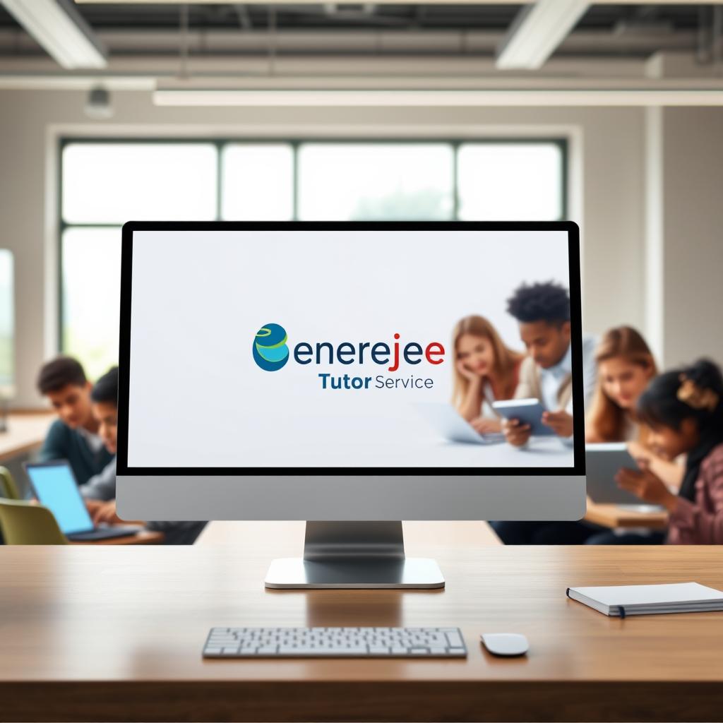 An e-learning platform with a sleek, modern interface. In the foreground, a stylized desktop computer screen displays the Enerjee Tutor Service brand and showcases interactive learning modules. The middle ground features a group of diverse students collaborating on tablets and laptops, their faces lit by the soft glow of the screens. In the background, a well-appointed classroom setting with large windows provides ample natural lighting, creating a warm, inviting atmosphere. The scene conveys a sense of focused, specialized academic support for various curriculums, elevating the learning experience.