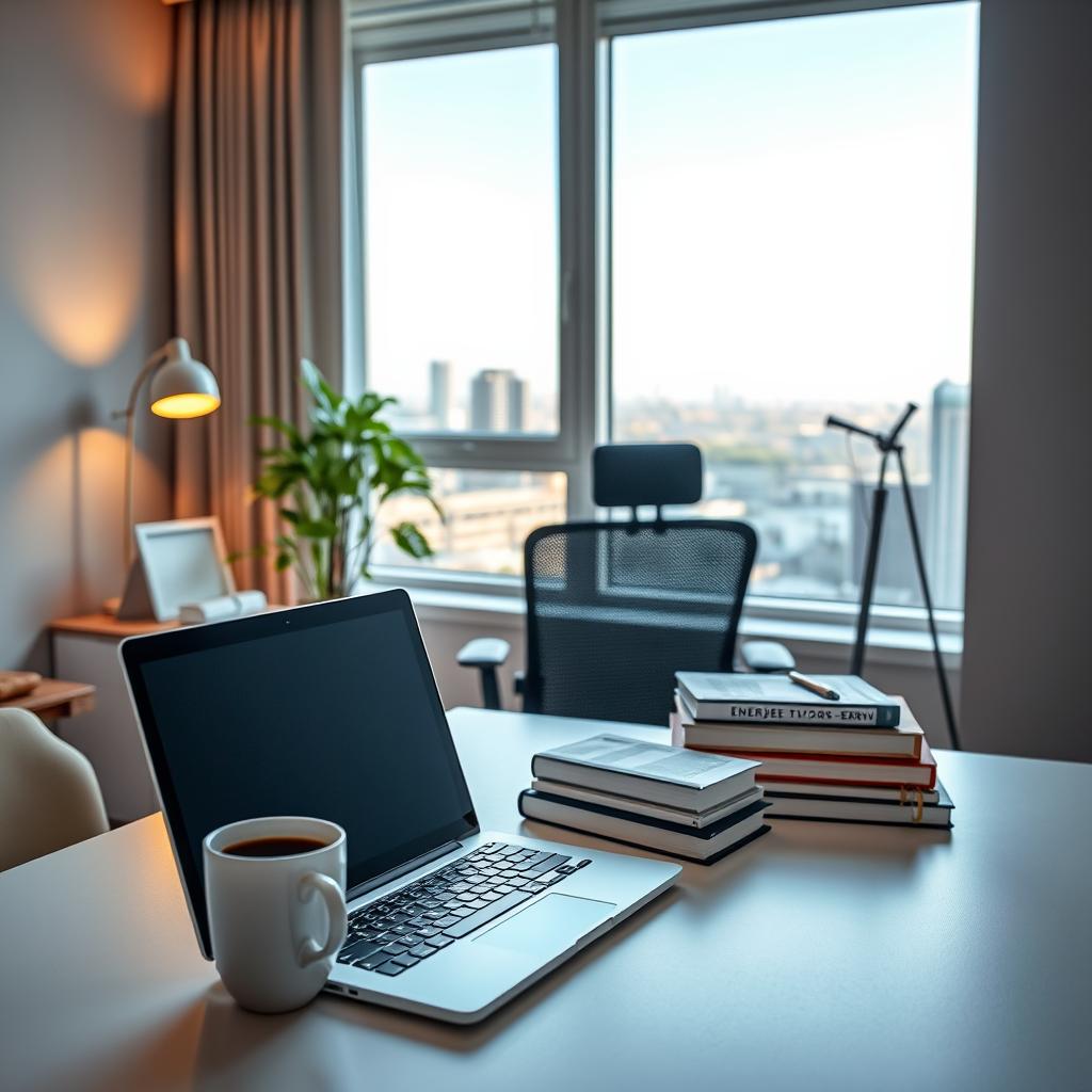 A cozy and well-lit online study environment with a modern, minimalist desk setup. In the foreground, a laptop, a cup of coffee, and a stack of textbooks on the Enerjee Tutor Service-branded desk. The middle ground features a comfortable office chair and a potted plant, creating a serene and productive atmosphere. The background showcases a large window overlooking a picturesque cityscape, allowing natural light to flood the space. Soft, warm lighting from a desk lamp and a subtle pattern on the wall add depth and character to the scene. The overall mood is one of focus, efficiency, and a sense of calm conducive to effective online learning.