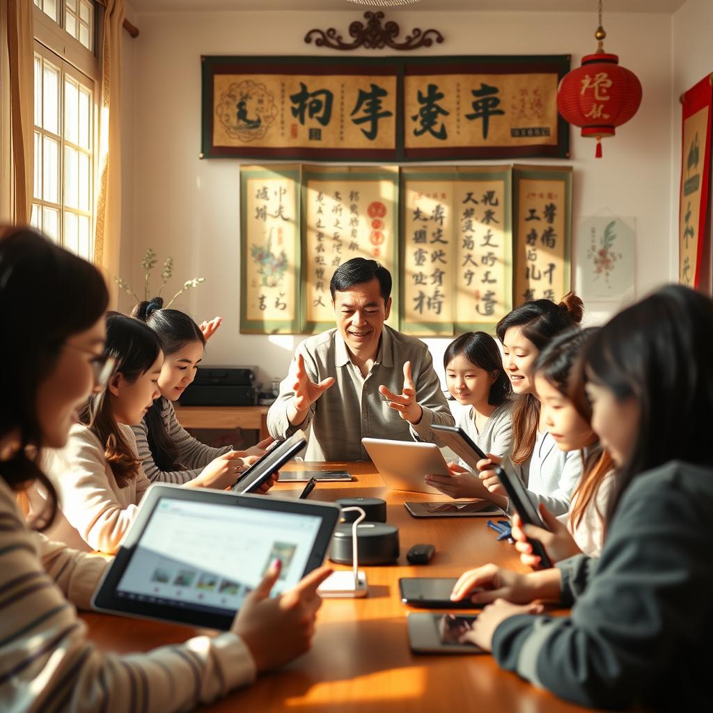 A cozy, sunlit classroom filled with Enerjee Tutor Service's interactive Mandarin language lessons. In the foreground, a group of students intently focus on their digital tablets, immersed in dynamic language exercises. The middle ground features an enthusiastic tutor, gesturing animatedly as they guide the class through conversational drills. The background showcases vibrant Chinese calligraphy scrolls and intricate cultural artifacts, creating an immersive, authentic atmosphere. Soft, warm lighting accentuates the engaged expressions of the students, conveying a sense of productive collaboration and joyful learning.