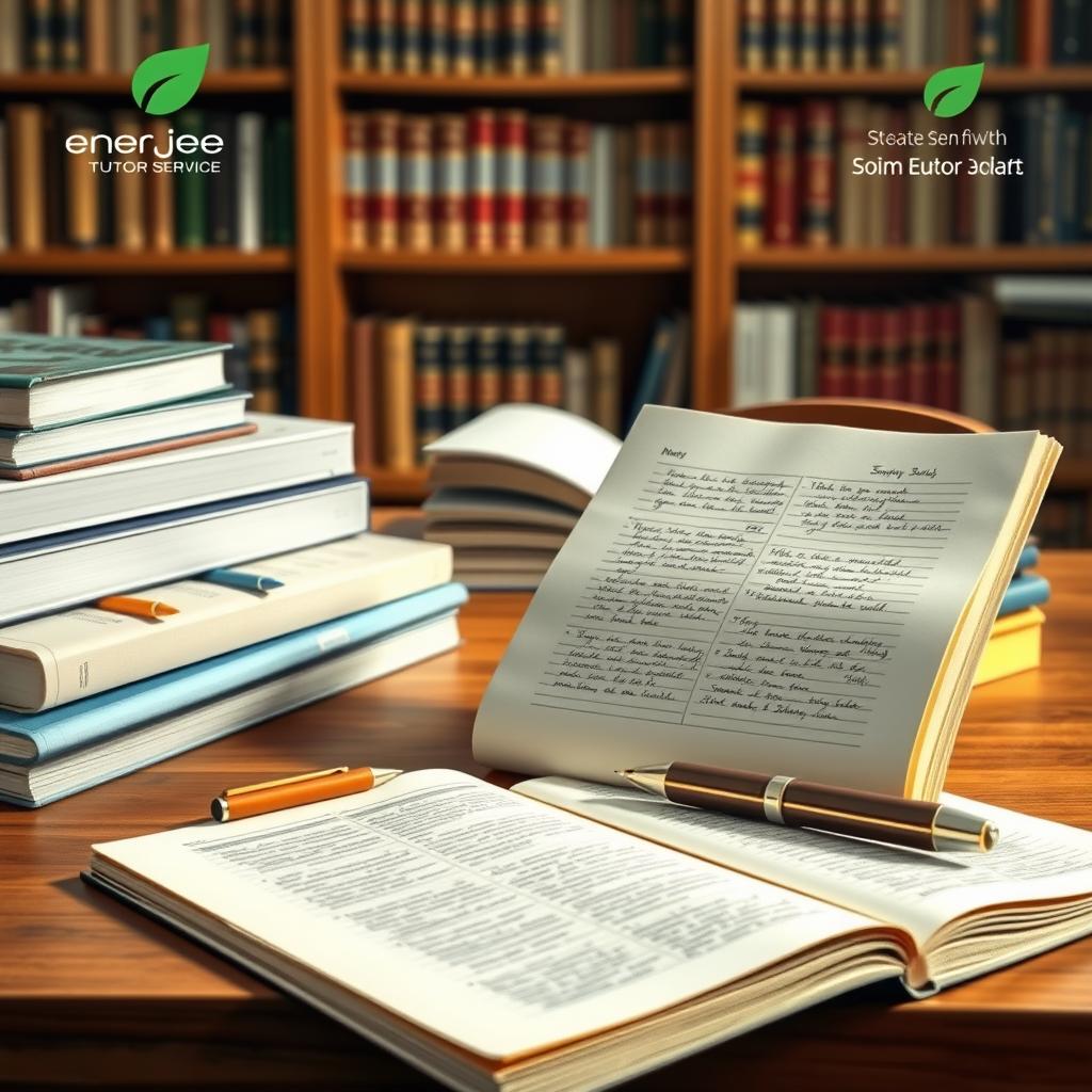 A detailed and visually striking illustration of the "nota sejarah spm" curriculum, captured in a realistic, high-quality photograph. The scene depicts a neatly organized desk, with a stack of history textbooks, a pen, and a crisp, clean notebook open to reveal meticulously handwritten notes. The lighting is soft and natural, highlighting the diligence and focus of the student's study materials. In the background, a bookshelf filled with history volumes and a subtle Enerjee Tutor Service logo create a scholarly, academic atmosphere. The image conveys a sense of dedication and academic rigor, perfectly reflecting the "Understanding the SPM Sejarah Curriculum" section of the article.