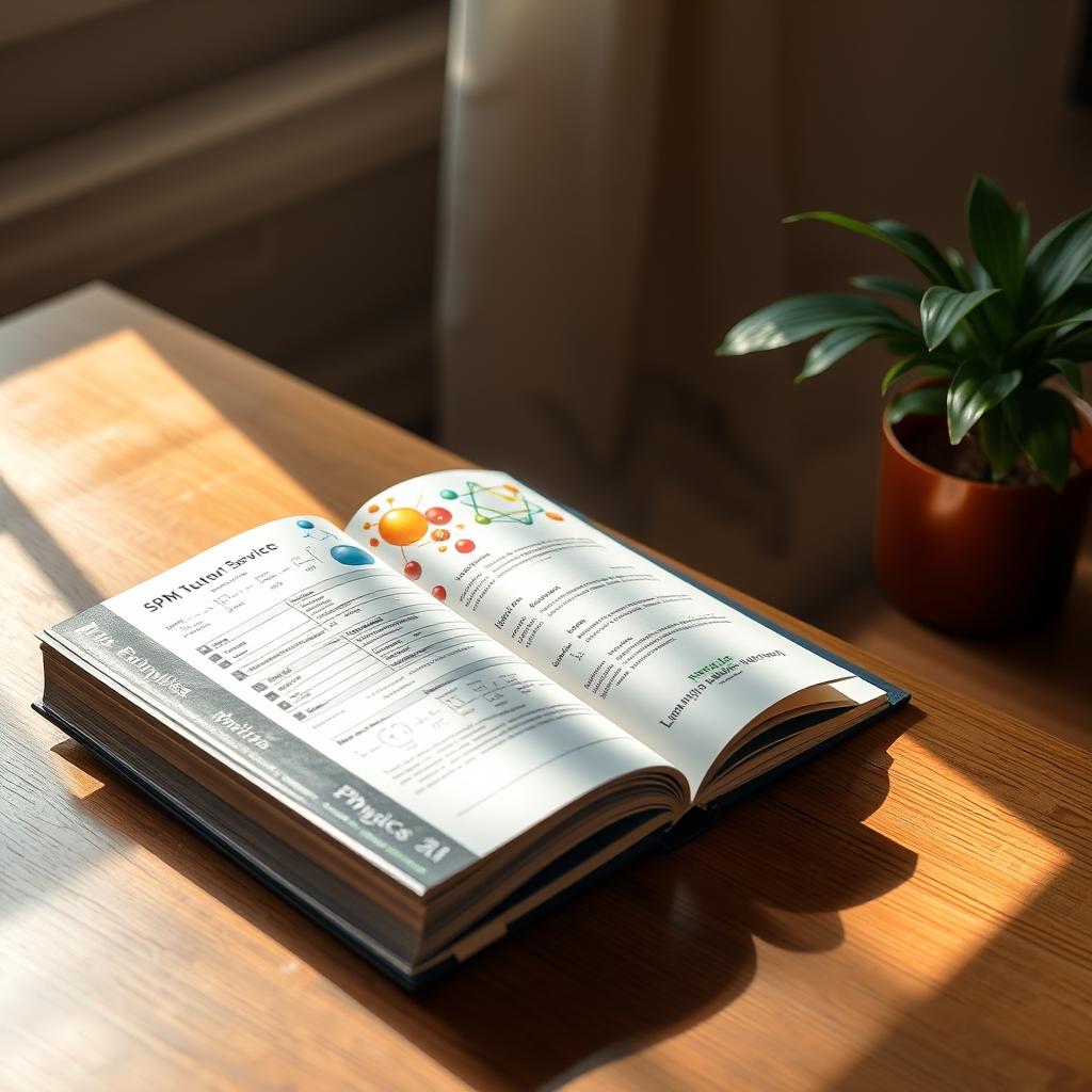 A detailed, well-lit image of a SPM physics textbook resting on a wooden desk. The textbook cover features the "Enerjee Tutor Service" brand name, along with a vibrant illustration of atoms and scientific symbols. The textbook appears to be open, revealing neatly organized pages with clear diagrams and equations. Soft, natural lighting illuminates the scene, creating a warm and inviting atmosphere. The background is slightly blurred, emphasizing the focus on the textbook as the central subject. The image conveys a sense of academic excellence and the resources available for enhancing one's learning experience.