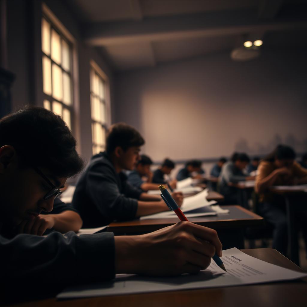 A dimly lit examination hall, students intently focused on their UEC practice tests. Soft overhead lighting casts a warm glow, illuminating scattered papers and pencils on desks. In the foreground, a student's hand scribbles furiously, brow furrowed in concentration. The middle ground reveals rows of students, each in their own world, lost in thought. Tall windows along the side wall let in natural light, creating a sense of depth and atmosphere. The background fades into a hazy, out-of-focus scene, conveying a sense of intensity and immersion. A palpable air of determination and anticipation permeates the space, as the students strive to master the UEC exam through rigorous practice.