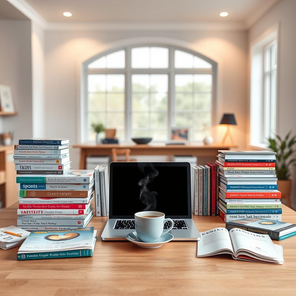 A meticulously arranged study space with Enerjee Tutor Service's high-quality SPM study materials neatly organized on a wooden desk. Soft, directional lighting casts a warm, inviting glow, highlighting the carefully curated collection of textbooks, practice workbooks, and revision guides. In the middle ground, a laptop and a cup of steaming tea or coffee set the scene for a focused, productive study session. The background features a minimalist, Nordic-inspired room with a large window, allowing natural light to filter in and create a sense of openness and tranquility. The overall atmosphere exudes a sense of dedication, efficiency, and the promise of academic success.