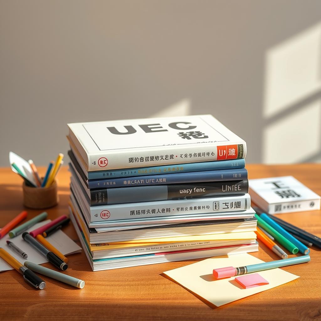 A neatly arranged stack of textbooks and study materials on a wooden table, illuminated by warm, natural lighting. The cover of the topmost book prominently displays the title "UEC考试题库" in bold Chinese characters. Surrounding the books are various stationery items like pens, highlighters, and sticky notes, hinting at a studious and organized work environment. The background features a minimalist, uncluttered space, allowing the study materials to be the focal point. The overall scene conveys a sense of diligence, focus, and a well-curated collection of educational resources.