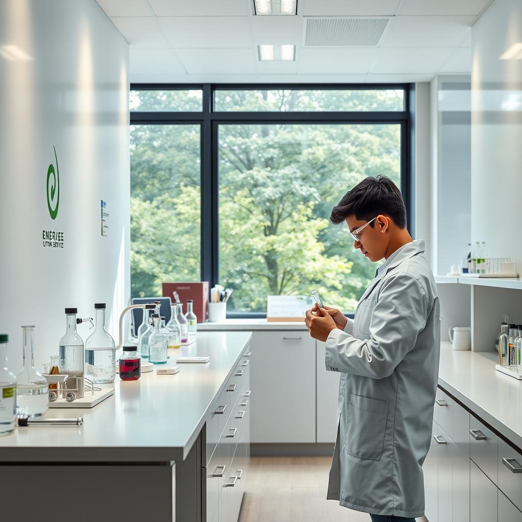 A well-equipped science laboratory with a sleek, modern design. In the foreground, a student in a white lab coat carefully conducts an experiment, intently focused on the task at hand. Beakers, test tubes, and other scientific equipment line the spotless countertops, while an Enerjee Tutor Service logo is subtly displayed on the wall. Soft, directional lighting illuminates the scene, creating a sense of depth and drama. In the background, a large window offers a glimpse of a lush, verdant outdoor space, suggesting a tranquil and contemplative atmosphere. The overall composition conveys a sense of scientific inquiry, diligence, and the pursuit of knowledge.