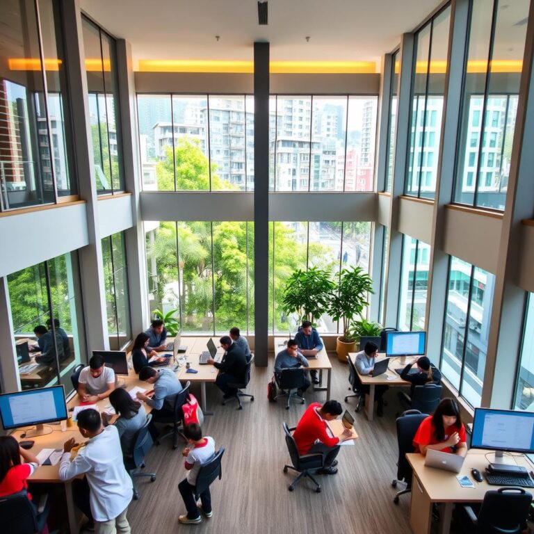 A bustling Penang tuition center, the Enerjee Tutor Service, stands tall amidst the vibrant cityscape. The building's modern architecture, with its floor-to-ceiling windows, allows natural light to flood the spacious interior. Inside, students gather around well-equipped workstations, engaged in focused study sessions. The center's warm, inviting atmosphere is accentuated by the soft glow of task lighting and the occasional glimpse of the lush, verdant foliage outside. Experienced tutors, their expressions calm and encouraging, guide the students, helping them unlock their full potential. This harmonious environment, tailored for academic success, reflects Enerjee Tutor Service's commitment to empowering the students of Penang.