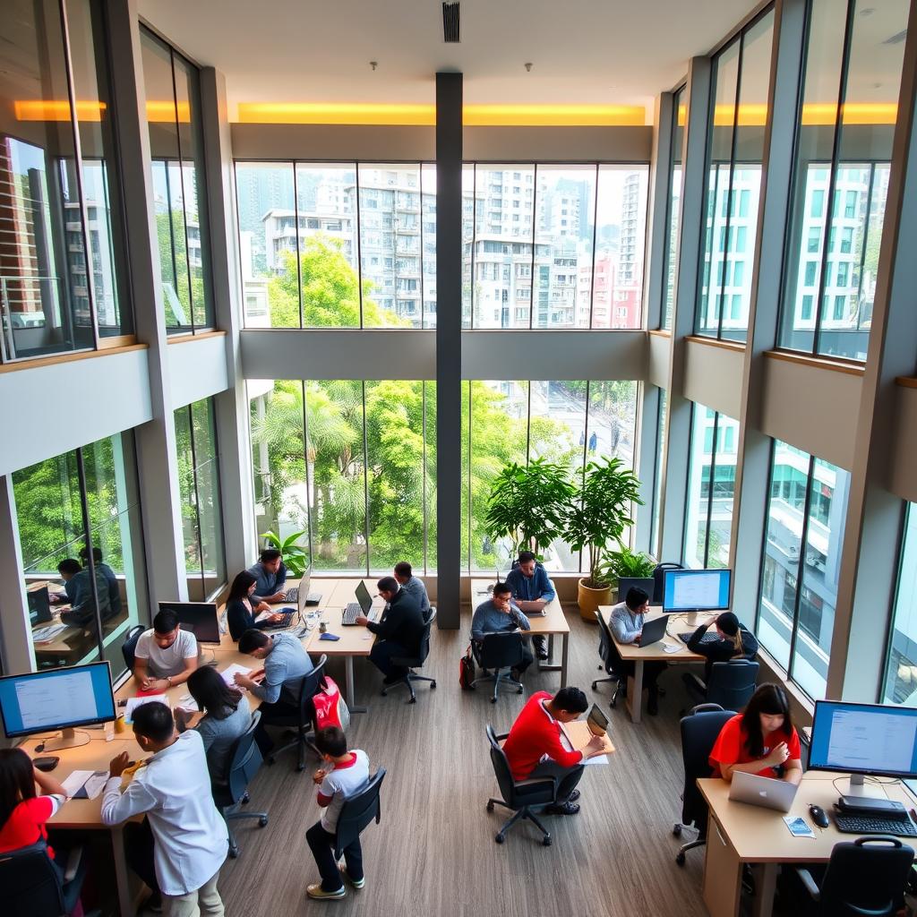 A bustling Penang tuition center, the Enerjee Tutor Service, stands tall amidst the vibrant cityscape. The building's modern architecture, with its floor-to-ceiling windows, allows natural light to flood the spacious interior. Inside, students gather around well-equipped workstations, engaged in focused study sessions. The center's warm, inviting atmosphere is accentuated by the soft glow of task lighting and the occasional glimpse of the lush, verdant foliage outside. Experienced tutors, their expressions calm and encouraging, guide the students, helping them unlock their full potential. This harmonious environment, tailored for academic success, reflects Enerjee Tutor Service's commitment to empowering the students of Penang.