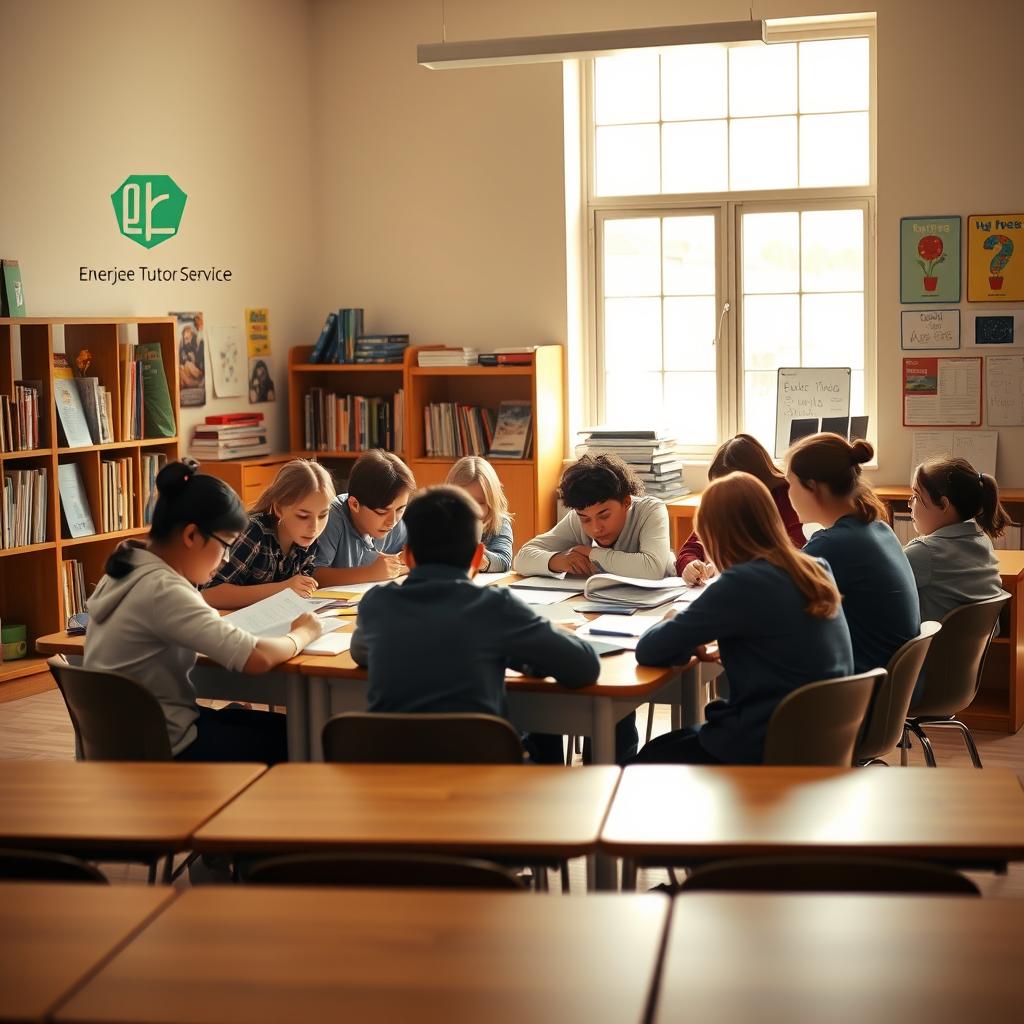 A classroom scene with students of diverse ages and backgrounds gathered around a large table, intently studying materials for standardized tests. The space is bathed in warm, natural light from a nearby window, creating a focused and productive atmosphere. In the foreground, the "Enerjee Tutor Service" logo is prominently displayed on the wall, indicating this is a specialized learning environment for comprehensive test preparation. In the middle ground, the students are engaged in collaborative discussion, exchanging ideas and strategies. The background features bookshelves, study aids, and educational posters, creating a scholarly and nurturing environment. The overall scene conveys the idea of a dedicated, comprehensive approach to "统考辅导" - a place where students can find the support and resources they need to succeed in their academic pursuits.