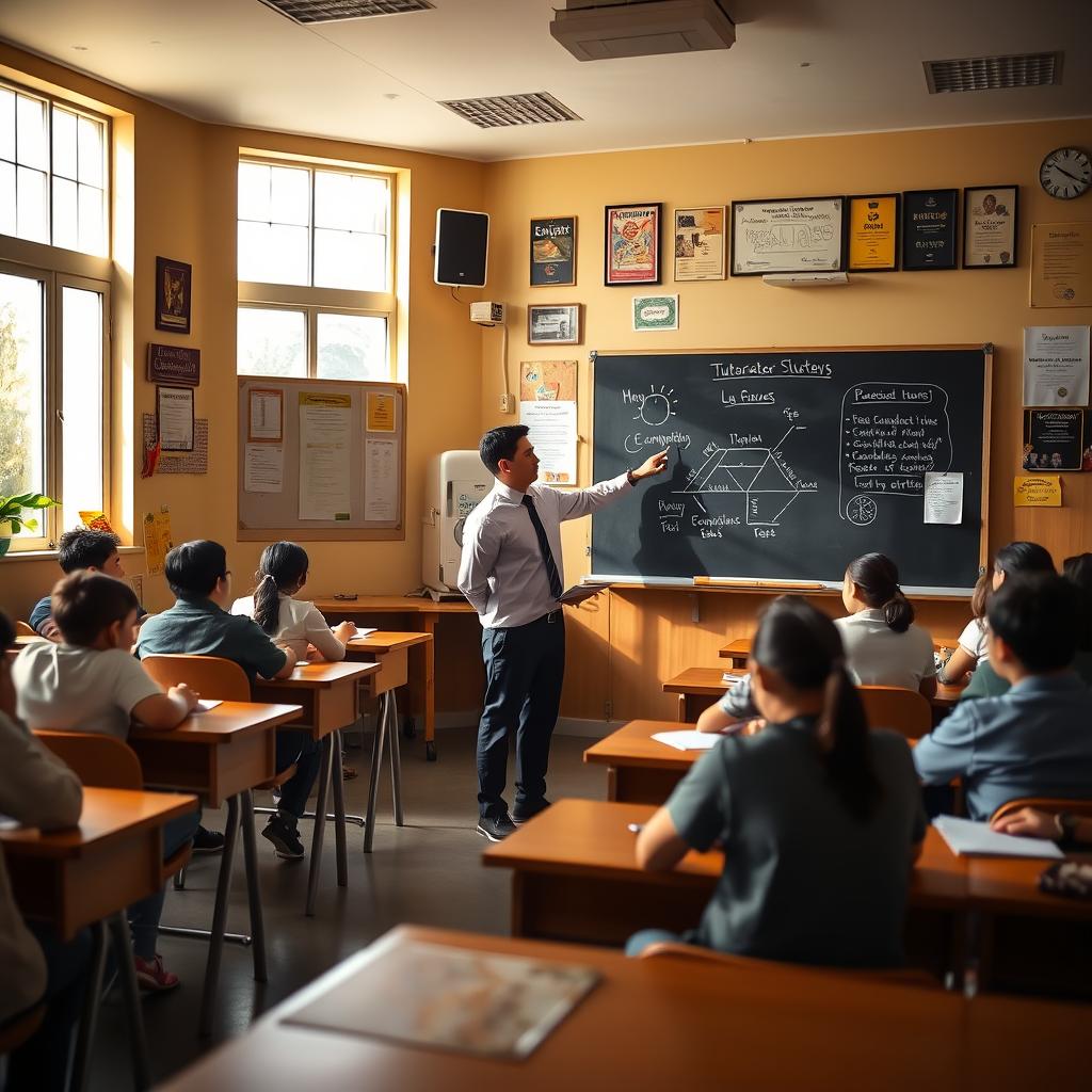 A cozy and well-lit classroom scene, with rows of desks and chairs filled with students diligently studying. In the foreground, a professional tutor from the Enerjee Tutor Service stands at the front, using a pointer to highlight key concepts on a large chalkboard. The walls are adorned with educational posters and certificates, conveying a sense of academic focus. Warm lighting filters in through large windows, illuminating the scene and creating a productive, studious atmosphere. The students' expressions are engaged, reflecting their dedication to mastering the material. This image captures the essence of a productive supplementary education experience provided by Enerjee.