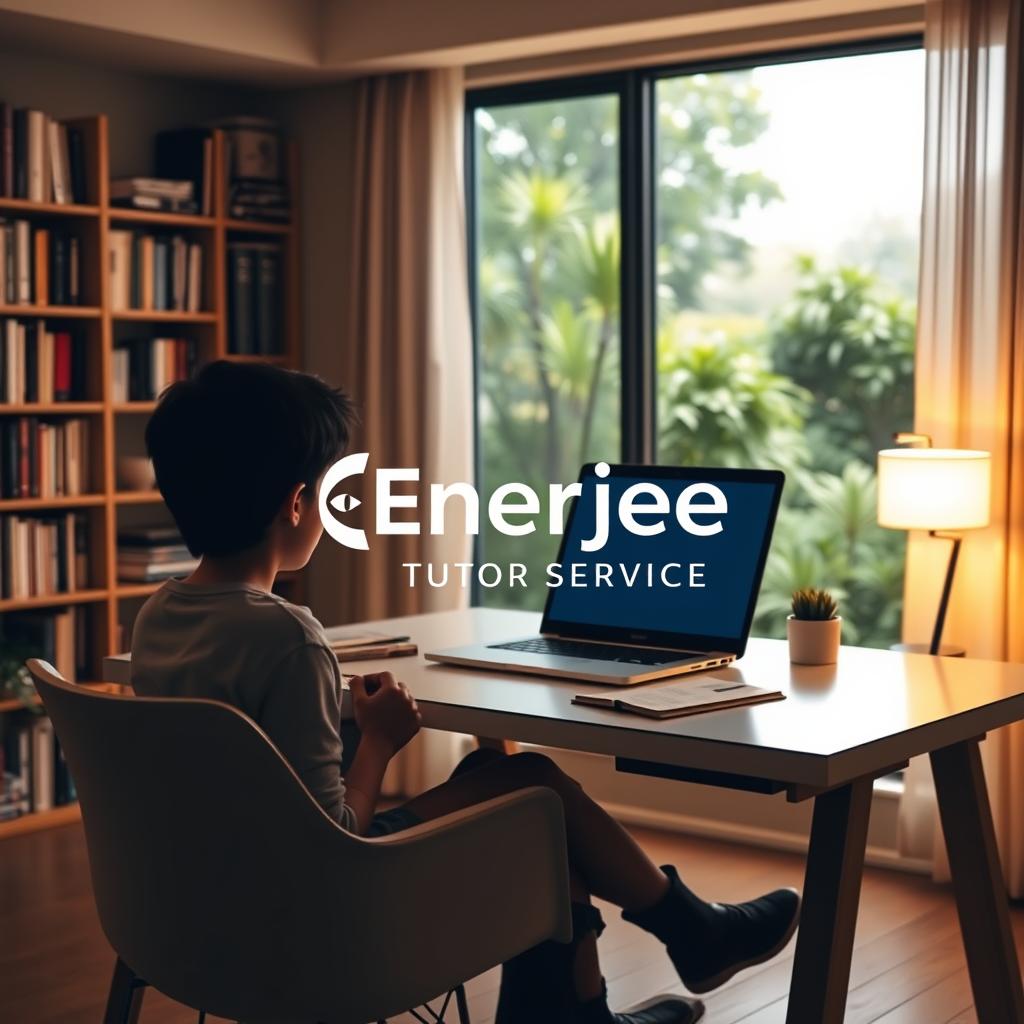 A cozy online learning space with the Enerjee Tutor Service logo prominently displayed. The room is bathed in a warm, inviting glow from soft, diffused lighting. In the foreground, a student sits comfortably at a sleek, modern desk, intently focused on their laptop screen. The background features a bookshelf filled with educational resources and a large window overlooking a tranquil, lush garden, creating a sense of calm and productivity. The overall atmosphere evokes a sense of professionalism, expertise, and a tailored, personalized learning experience.