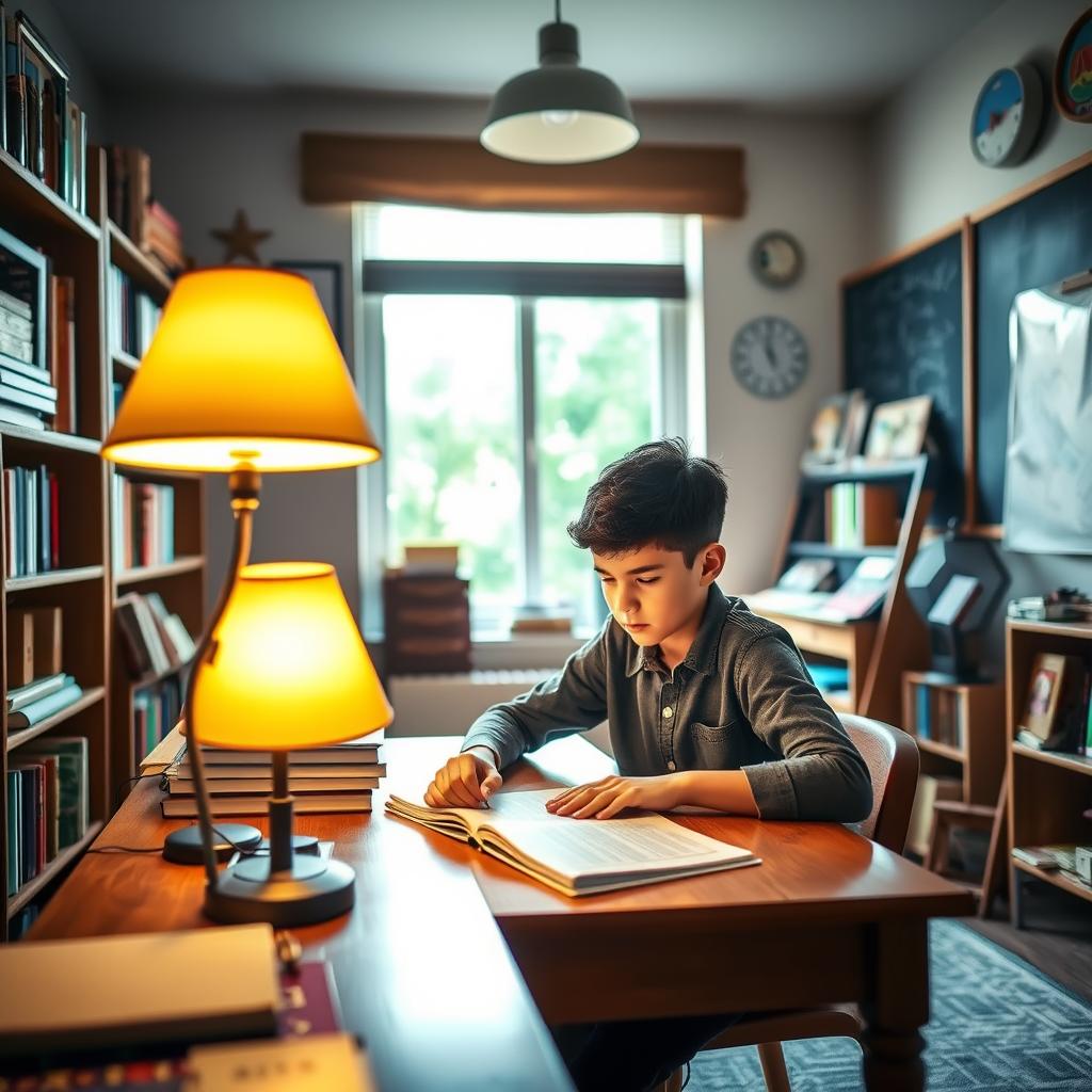 A cozy, well-equipped study room at the Enerjee Tutor Service, with a young student intently focused on their work at a wooden desk. Soft, warm lighting from a reading lamp illuminates their determined expression as they review their notes. The room is filled with bookshelves, educational materials, and a chalkboard, creating an atmosphere conducive to productive learning. In the background, a large window allows natural light to filter in, providing a sense of openness and tranquility. The overall scene conveys the professionalism and care that the Enerjee Tutor Service brings to supporting students on their academic journey.