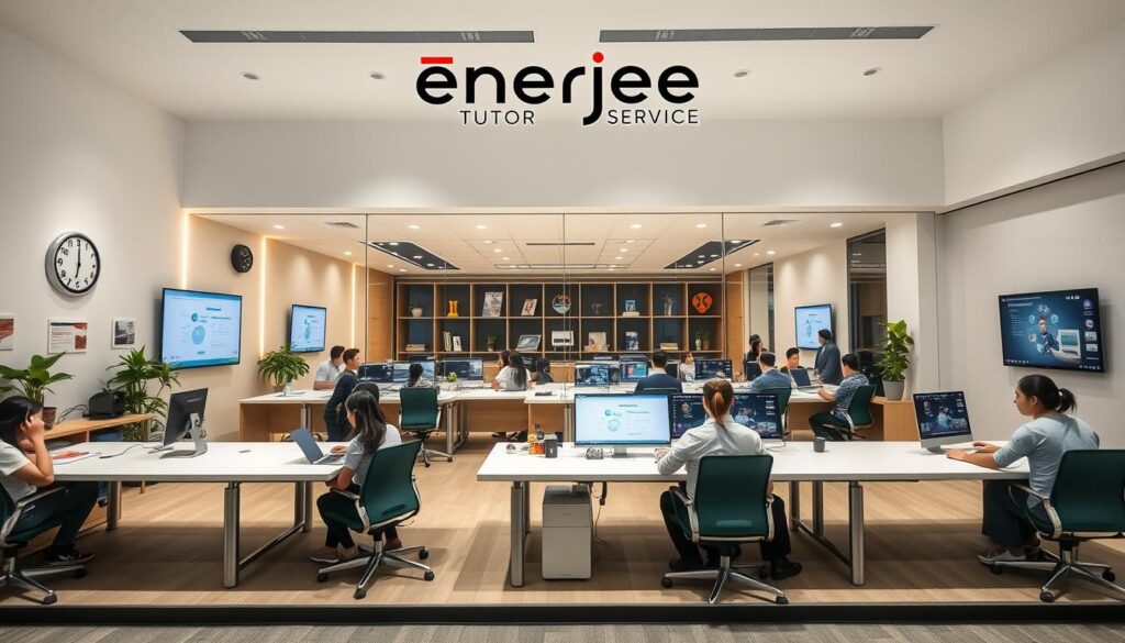 A modern, well-lit online learning center with a minimalist, inviting design. The "Enerjee Tutor Service" logo prominently displayed on the front facade, conveying a sense of professionalism and expertise. Bright, airy workspaces filled with students engaged in interactive lessons, facilitated by knowledgeable tutors. Sleek, high-tech equipment and digital whiteboards enable seamless remote instruction. The center's warm, nurturing atmosphere inspires confidence and academic success, reflecting the ethos of "Enerjee Tutor Service" as a premier online supplementary education provider.