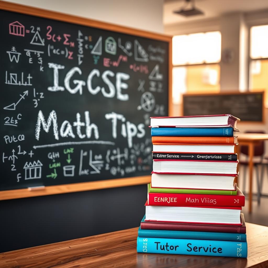 A neatly organized chalkboard with a title "IGCSE Math Tips" in the foreground, surrounded by a variety of mathematical symbols, formulas, and diagrams in multicolor chalk. In the middle ground, a stack of textbooks and notebooks labeled "Enerjee Tutor Service" stands prominently, conveying a sense of academic rigor and expertise. The background features a softly blurred classroom setting, with desks, chairs, and a large window letting in warm, natural light, creating a welcoming and studious atmosphere.