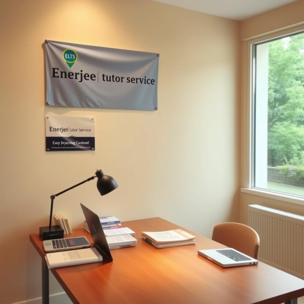 A serene and inviting study space, with a Enerjee Tutor Service banner prominently displayed on the wall. Soft lighting illuminates a wooden desk, stocked with IELTS study materials and a laptop. In the background, a large window offers a tranquil view of a garden, creating a calming atmosphere conducive to focused preparation. The room's warm color palette and minimalist decor evoke a sense of professionalism and expertise, reflecting the Enerjee Tutor Service's commitment to guiding students towards IELTS success.