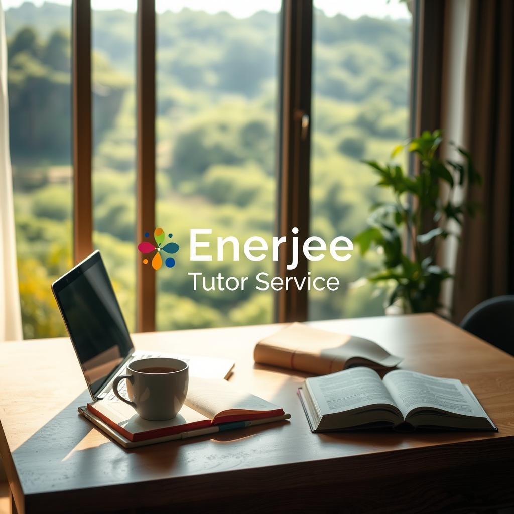 A serene online study setting with a laptop, books, and a cup of coffee on a warm wooden desk. The room is bathed in soft, natural light filtering through a large window, creating a cozy, focused atmosphere. In the background, a lush, verdant landscape can be seen, providing a calming, nature-inspired backdrop. At the center of the scene, the "Enerjee Tutor Service" logo is prominently displayed, signifying the high-quality online learning experience. The overall composition conveys the ease, comfort, and effectiveness of online tutoring for academic success.