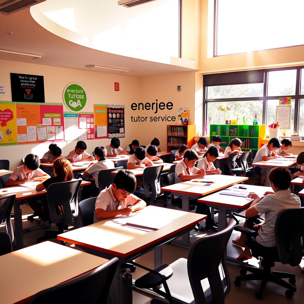A sun-drenched classroom filled with focused students, the "Enerjee Tutor Service" logo prominently displayed on the wall. Ergonomic desks and chairs, strategically arranged to foster collaborative learning. Vibrant educational posters, inspiring quotes, and interactive learning materials adorn the walls, creating an atmosphere of intellectual stimulation. Warm, natural lighting cascades through large windows, illuminating the diligent students deeply engaged in their studies. The room exudes a sense of productivity, progress, and the promise of academic excellence under the guidance of the Enerjee Tutor Service.