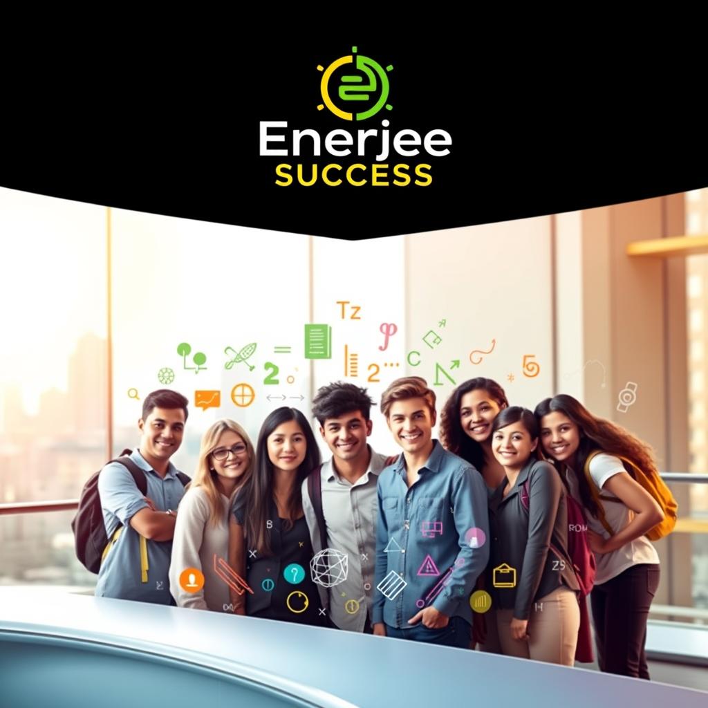 A vibrant and dynamic image showcasing the "IGCSE Mathematics Success" concept. In the foreground, a group of confident students huddle around a sleek, futuristic desk, their expressions radiating determination. Above them, the bold logo of "Enerjee Tutor Service" hovers, a beacon of guidance and support. The middle ground features a colorful array of mathematical symbols, formulas, and icons, creating a sense of academic rigor and achievement. In the background, a softly blurred cityscape provides a subtle urban backdrop, hinting at the wider world of opportunity that IGCSE Mathematics can unlock. Warm, directional lighting casts a glow on the scene, fostering a mood of inspiration and success. The overall composition conveys the idea of Enerjee Tutor Service's transformative power in helping students excel in IGCSE Mathematics.