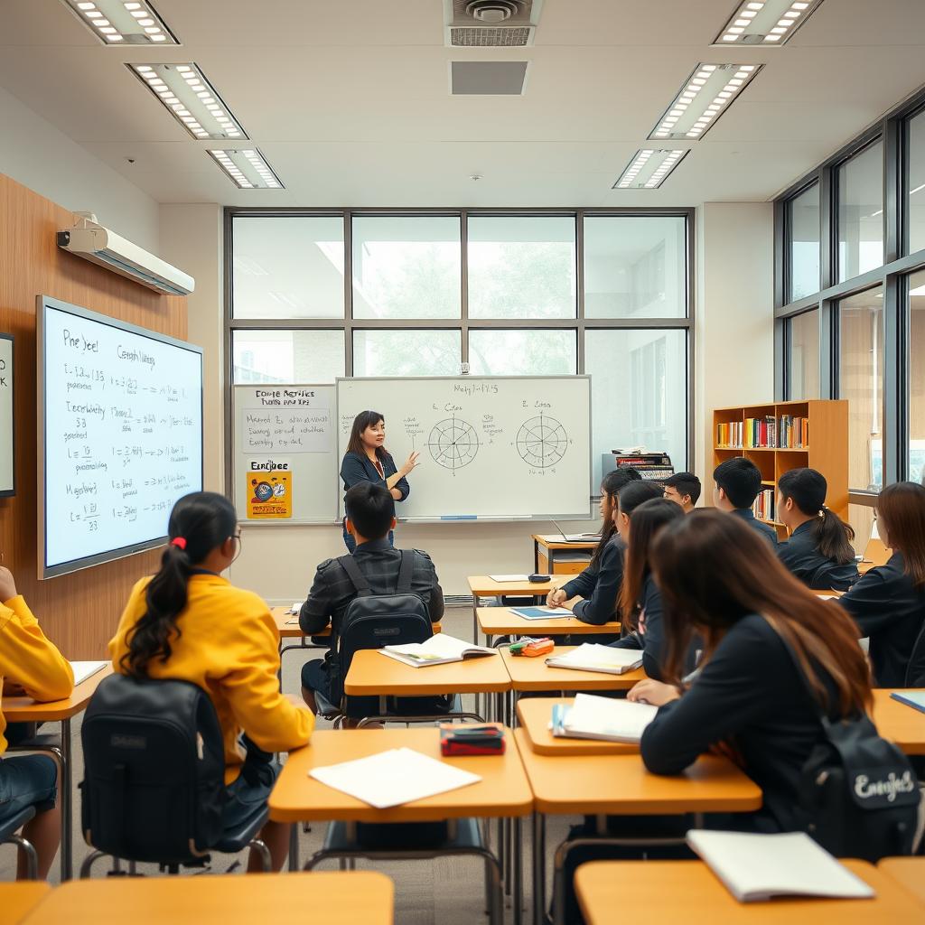 A vibrant and well-equipped classroom setting with a group of high school students intently focused on their studies. In the foreground, a dedicated Enerjee Tutor Service instructor guides them through a comprehensive math lesson, using a large interactive whiteboard and providing personalized attention. The middle ground features neatly arranged desks, study materials, and a warm, inviting atmosphere conducive to learning. The background showcases large windows, allowing natural light to flood the space and create a sense of openness and inspiration. The overall scene conveys the importance and advantages of a well-structured "independent Chinese school" supplementary education program, empowering students to excel academically.