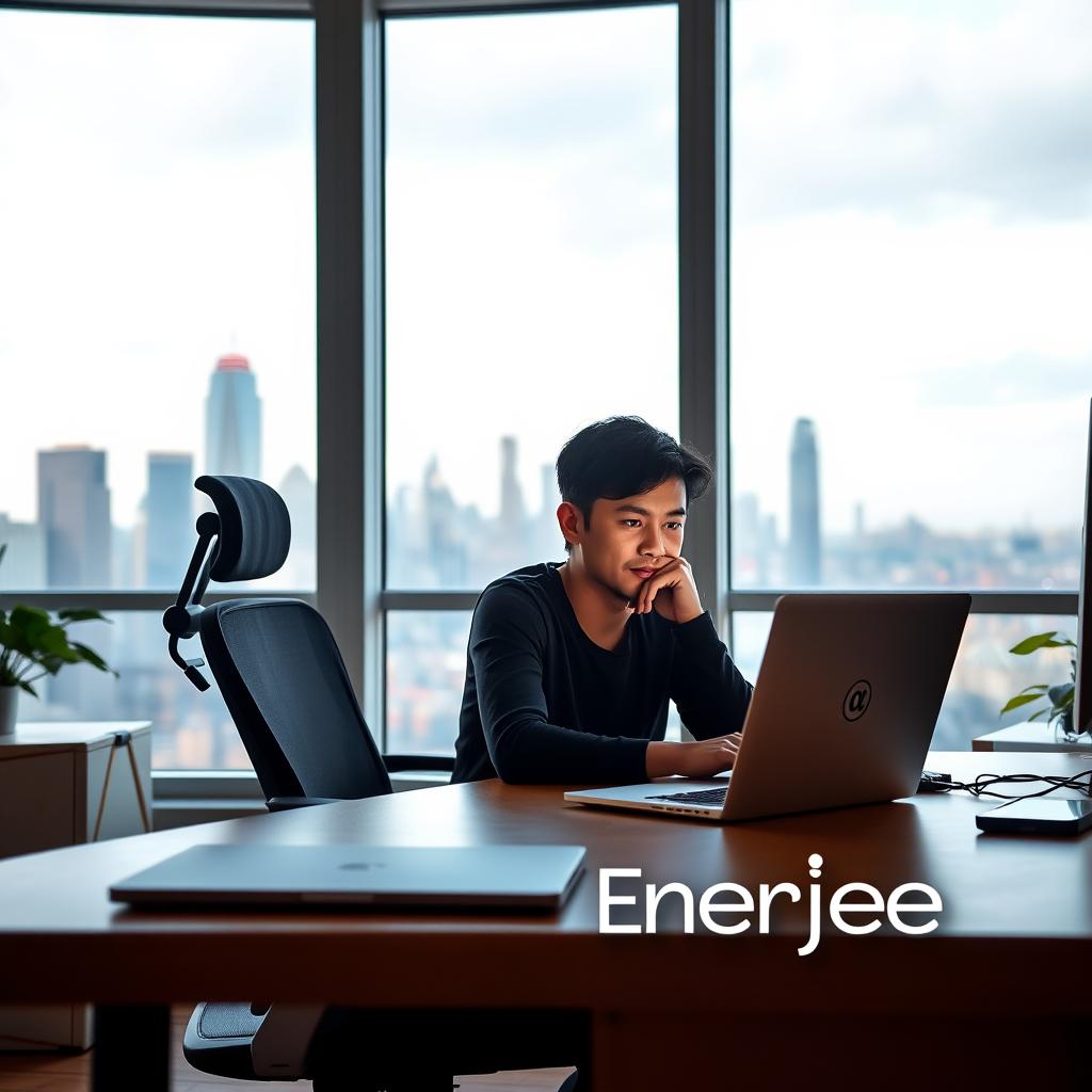 A warm, cozy workspace with a comfortable desk, ergonomic chair, and a sleek laptop. In the foreground, a person sits engrossed in an online lesson, their face illuminated by the soft, diffused lighting of the room. Behind them, a large window offers a picturesque view of a bustling city skyline, hinting at the global reach of the Enerjee Tutor Service. On the desk, a stylized Enerjee Tutor Service logo stands as a testament to the brand's commitment to excellence in online English tutoring. The overall atmosphere is one of focus, productivity, and a sense of connection with the world beyond the confines of the room.